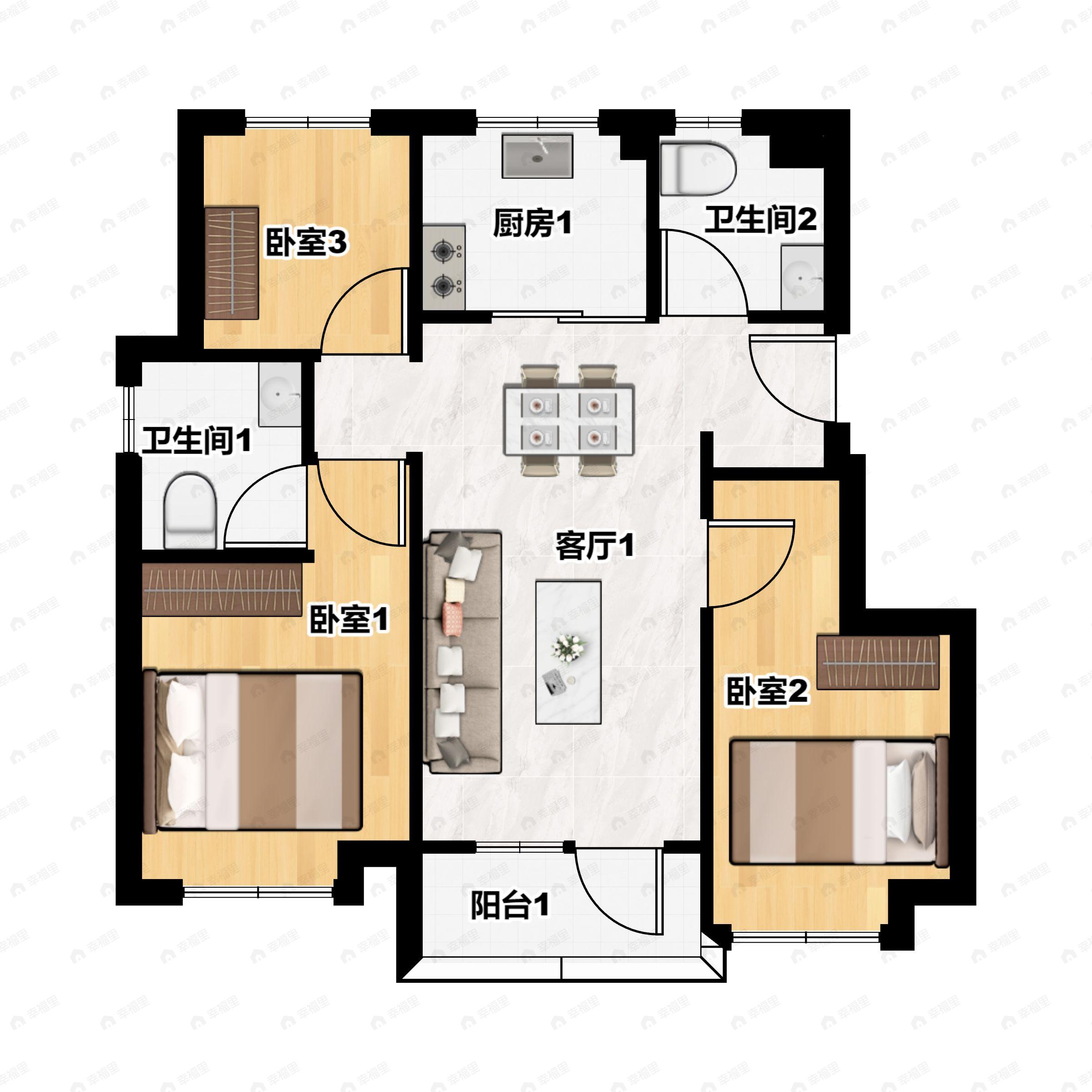 3室2厅2卫建面89平户型图