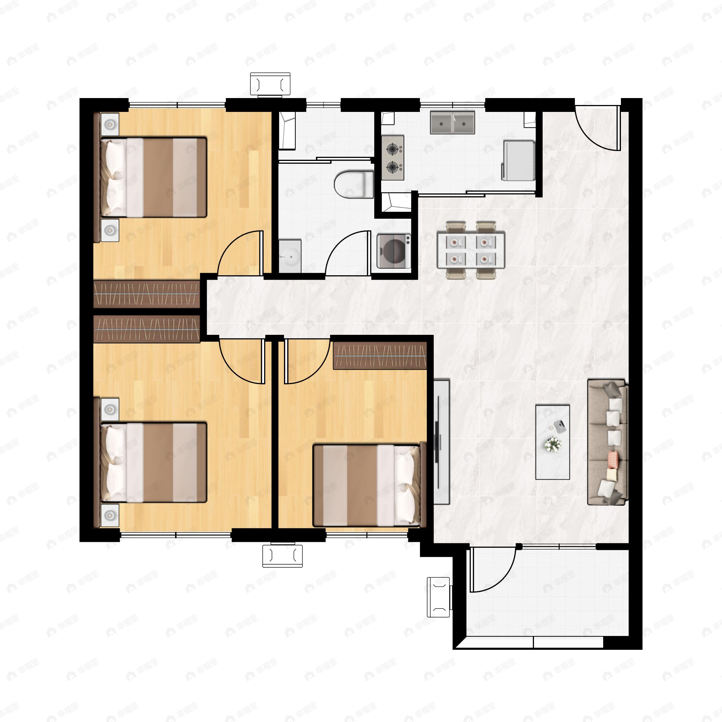 3室2厅1卫建面99平北|南户型图