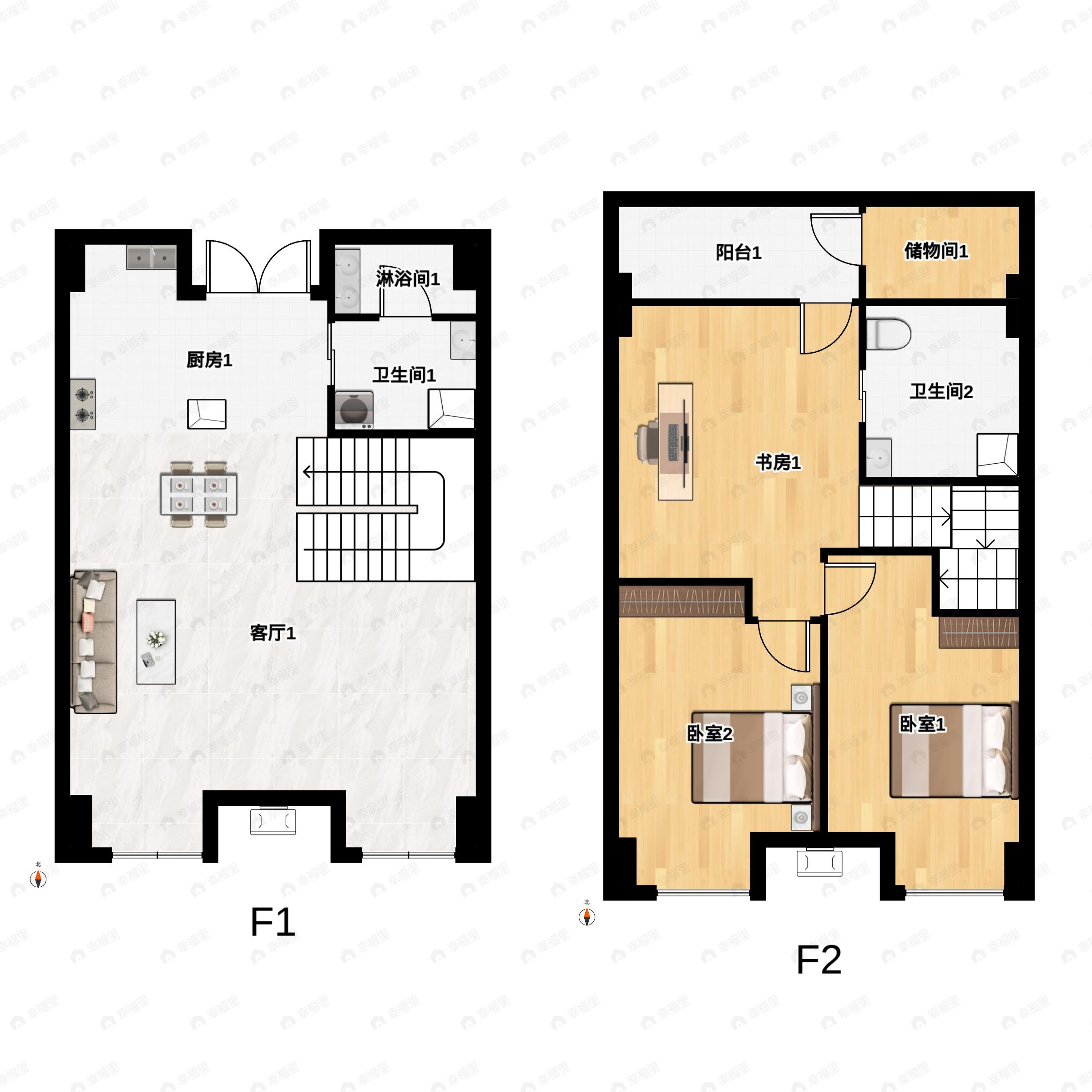 3室2厅2卫建面69平南户型图