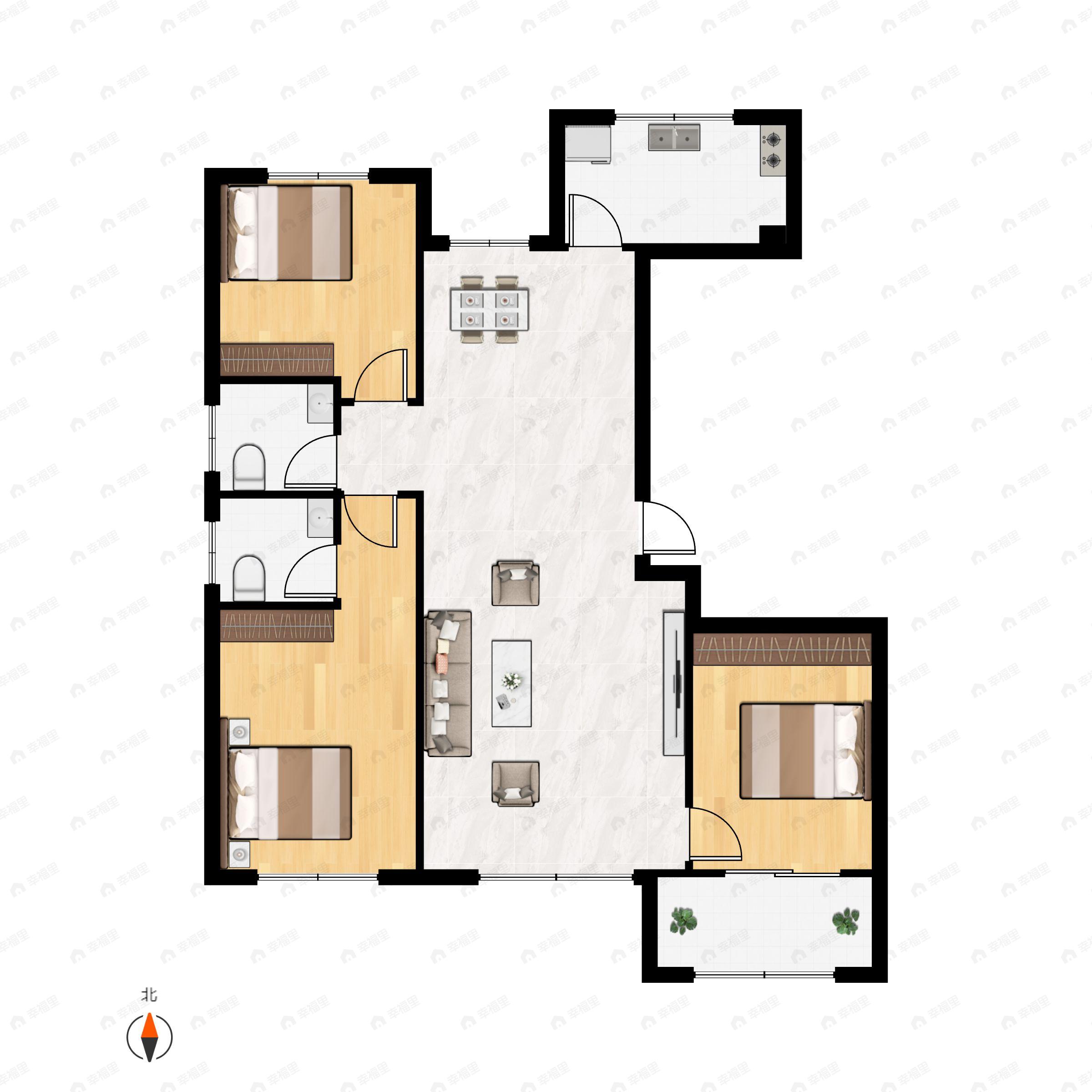 3室2厅2卫建面120m²南户型图