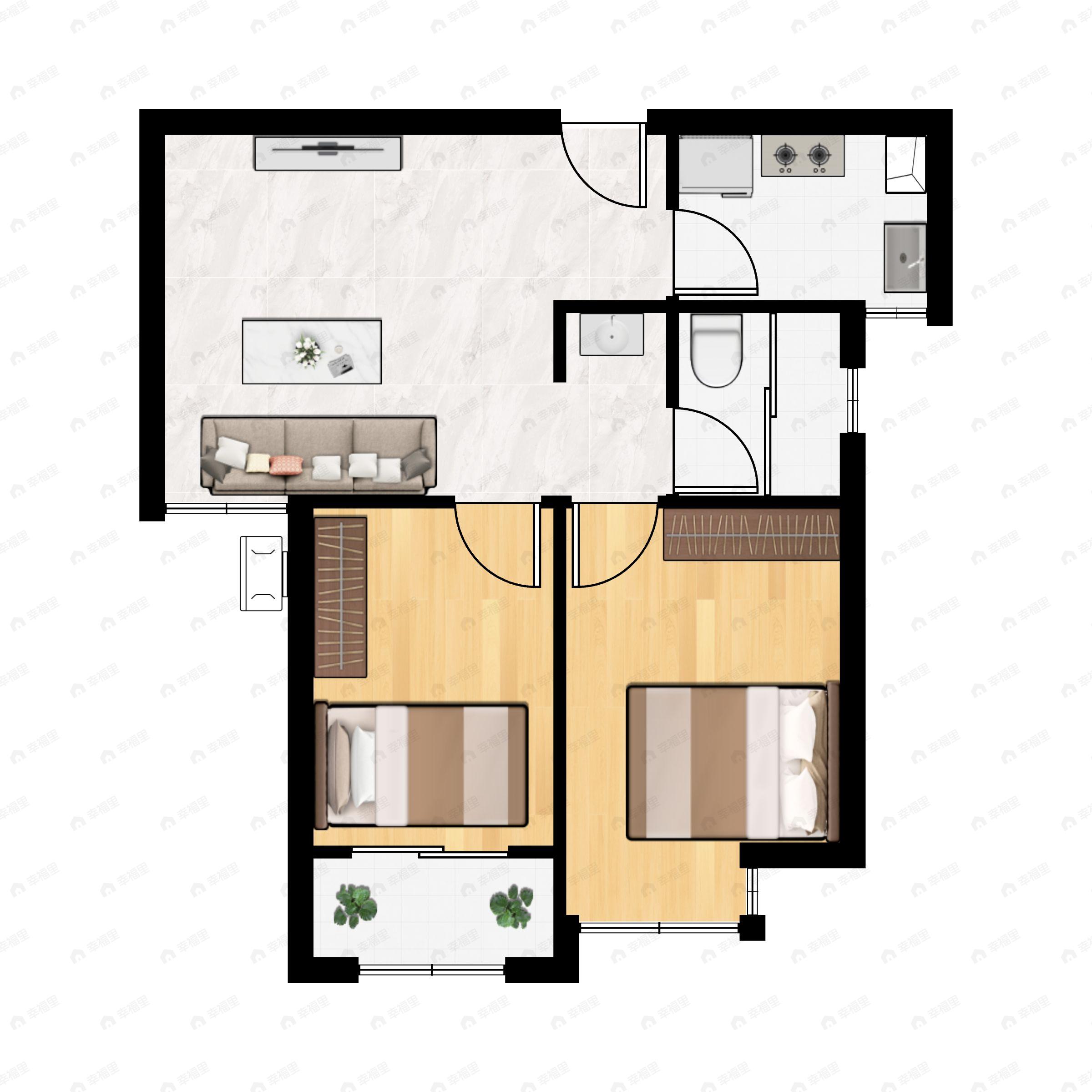 2室1厅1卫建面68平南户型图