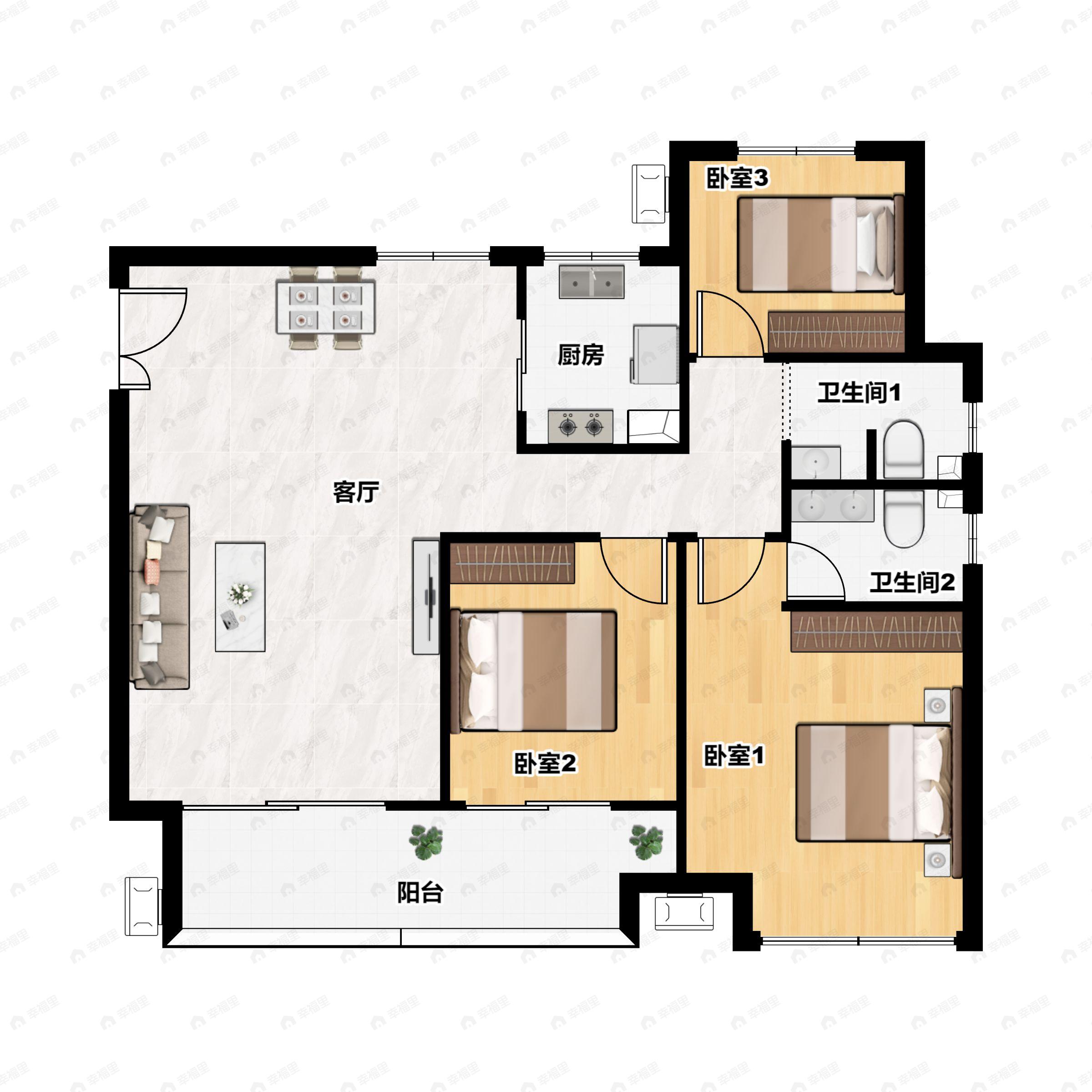 3室2厅2卫建面129平户型图