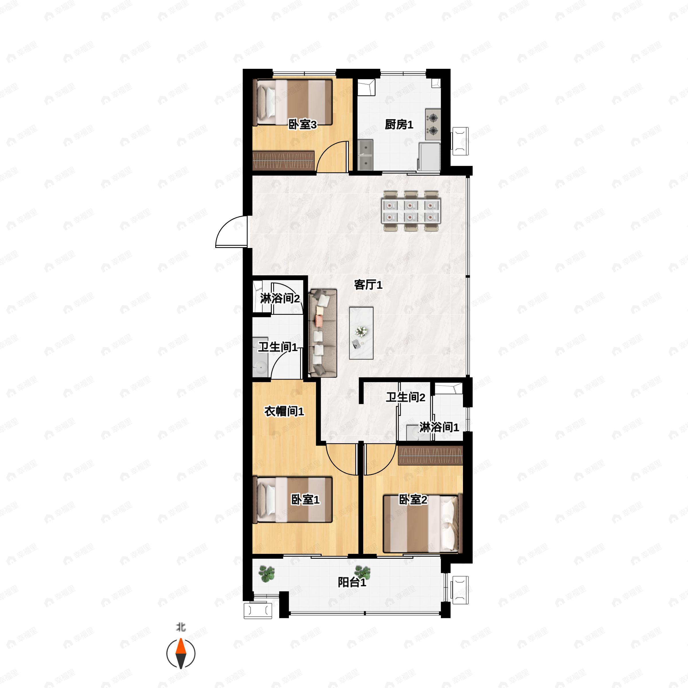 3室2厅2卫建面106平南户型图