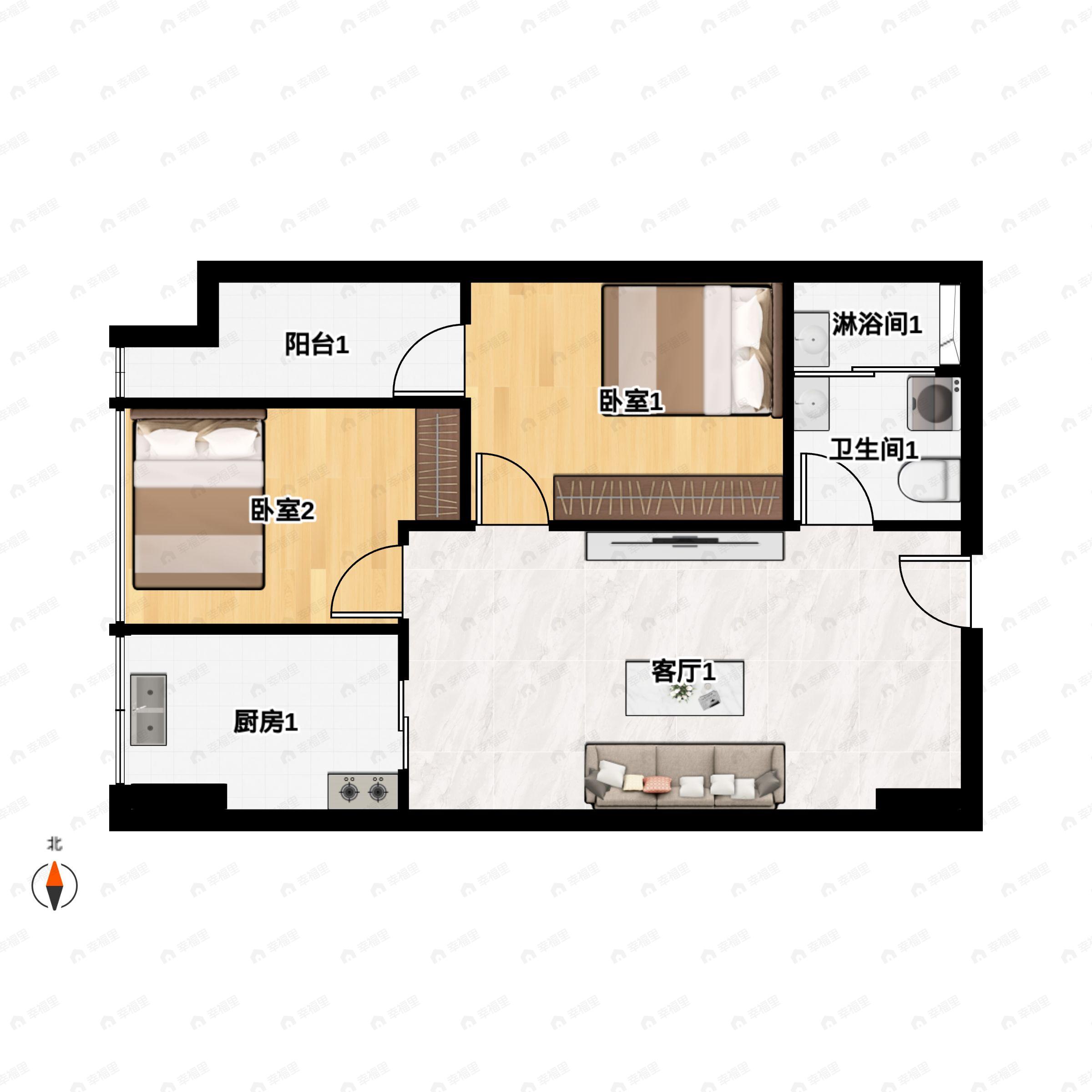 2室1厅1卫建面65平户型图
