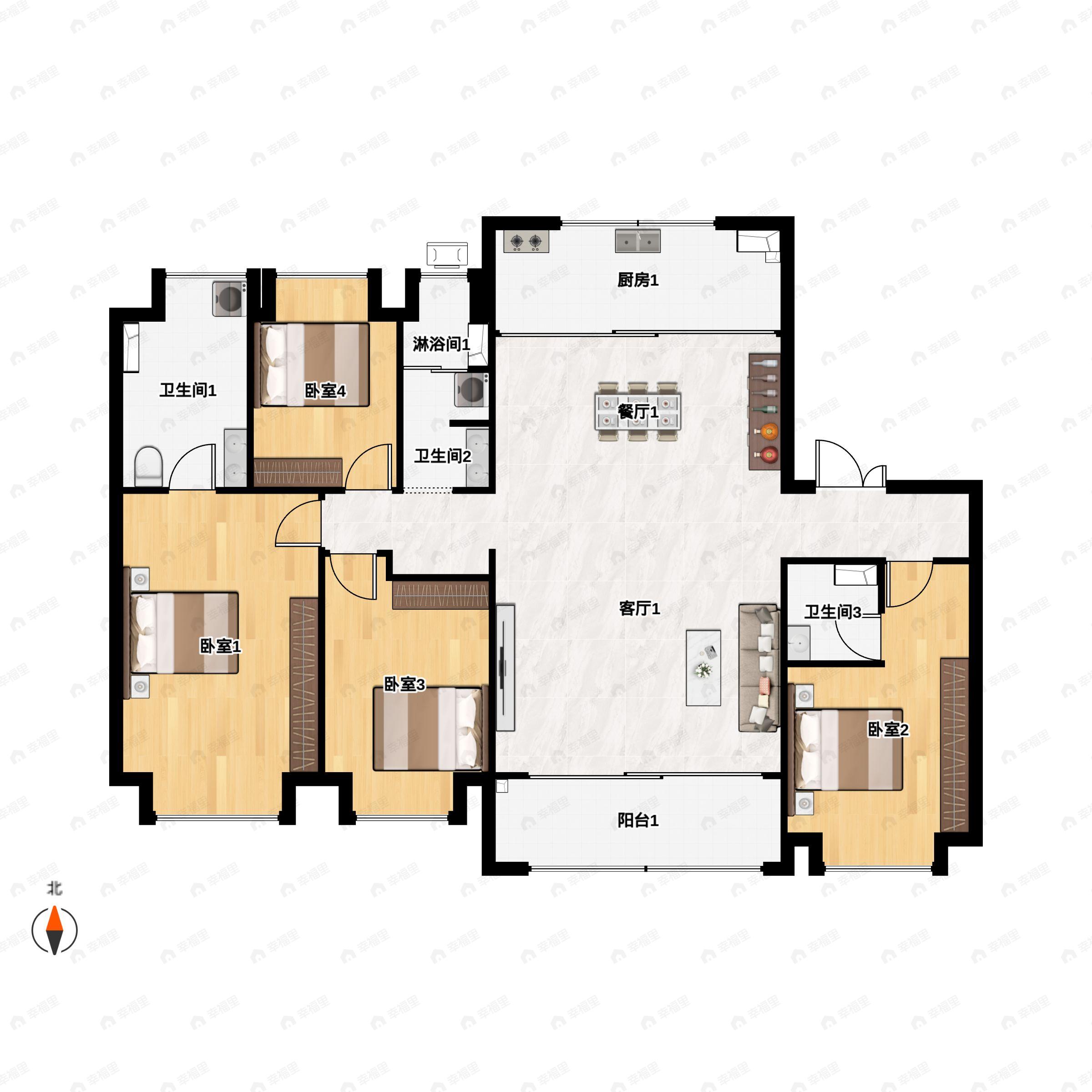 4室2厅3卫建面186m²南户型图