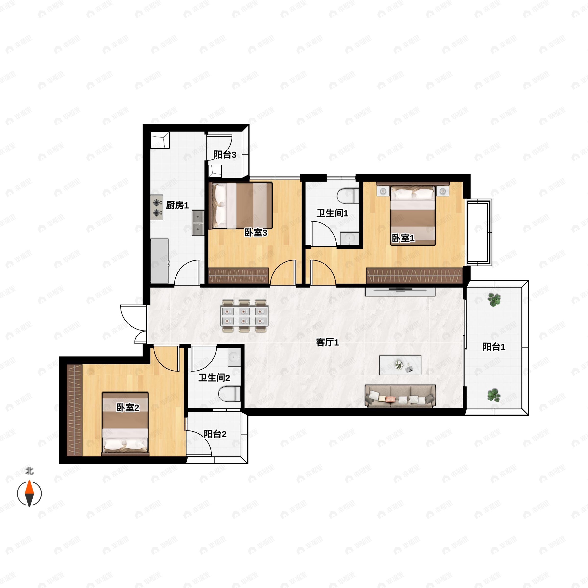 3室2厅2卫建面113m²东南户型图