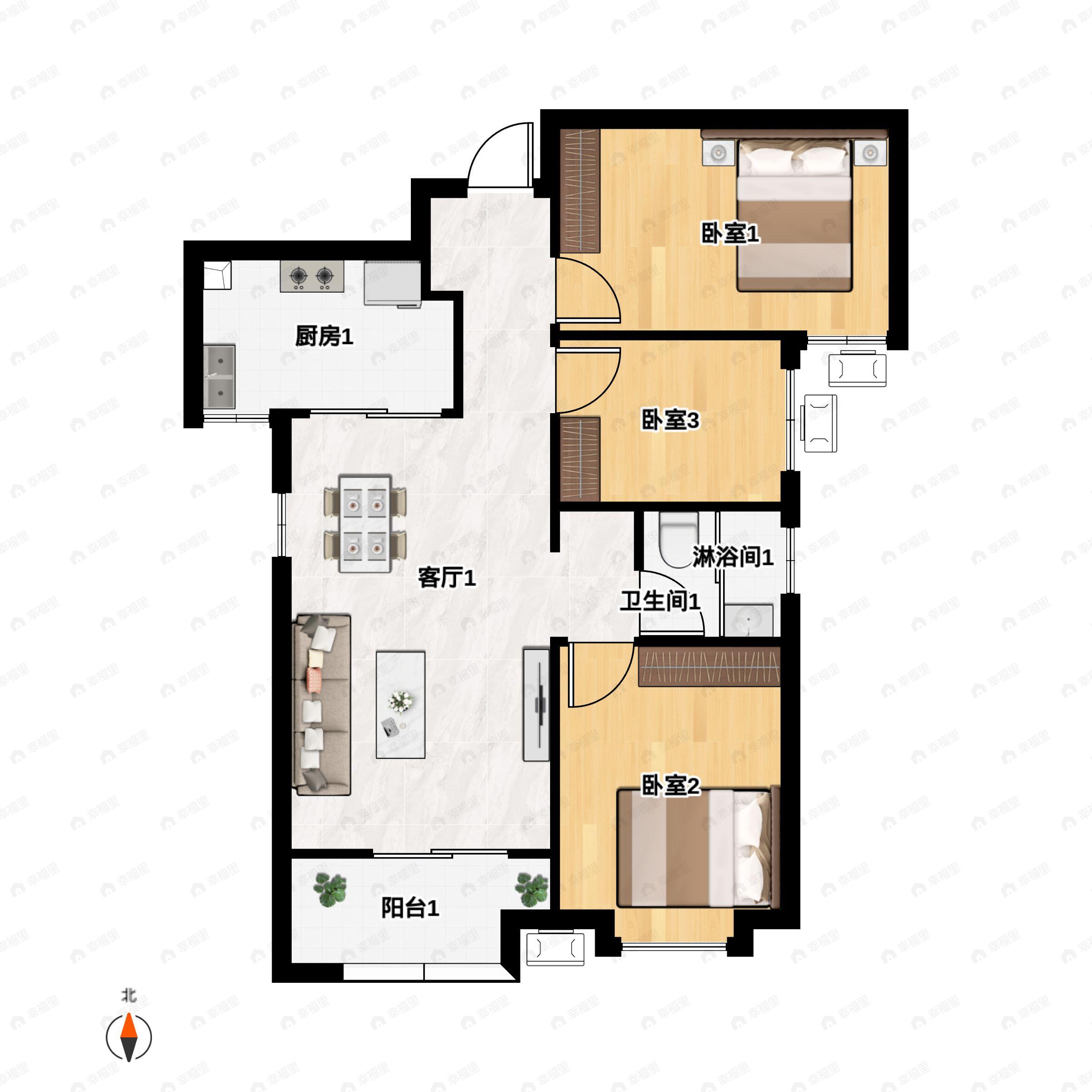 3室2厅1卫建面100m²南户型图