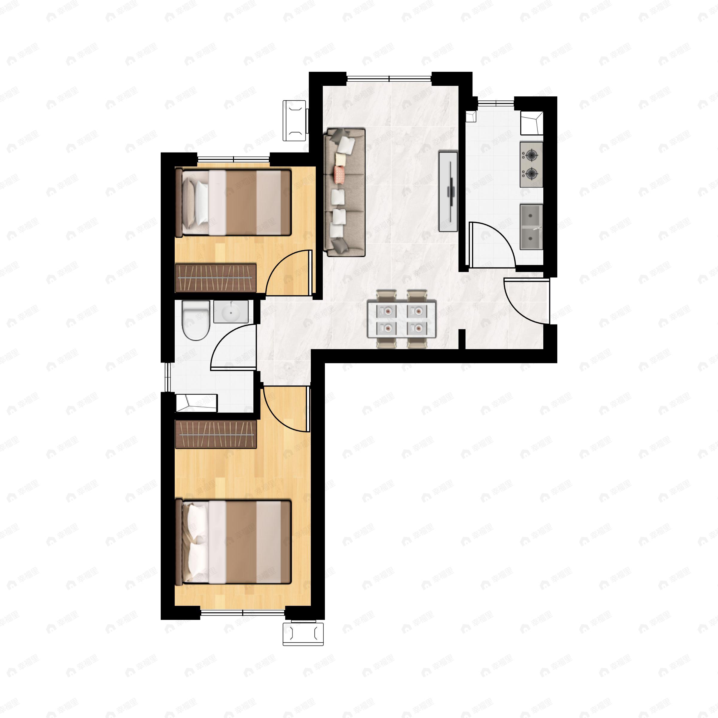 2室2厅1卫建面71m²东|西户型图