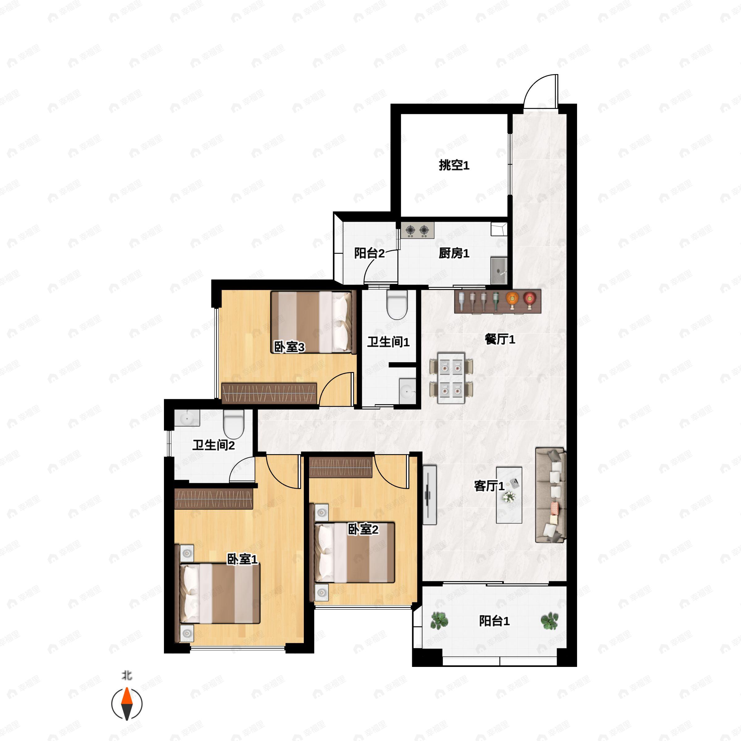 3室2厅2卫建面115m²户型图