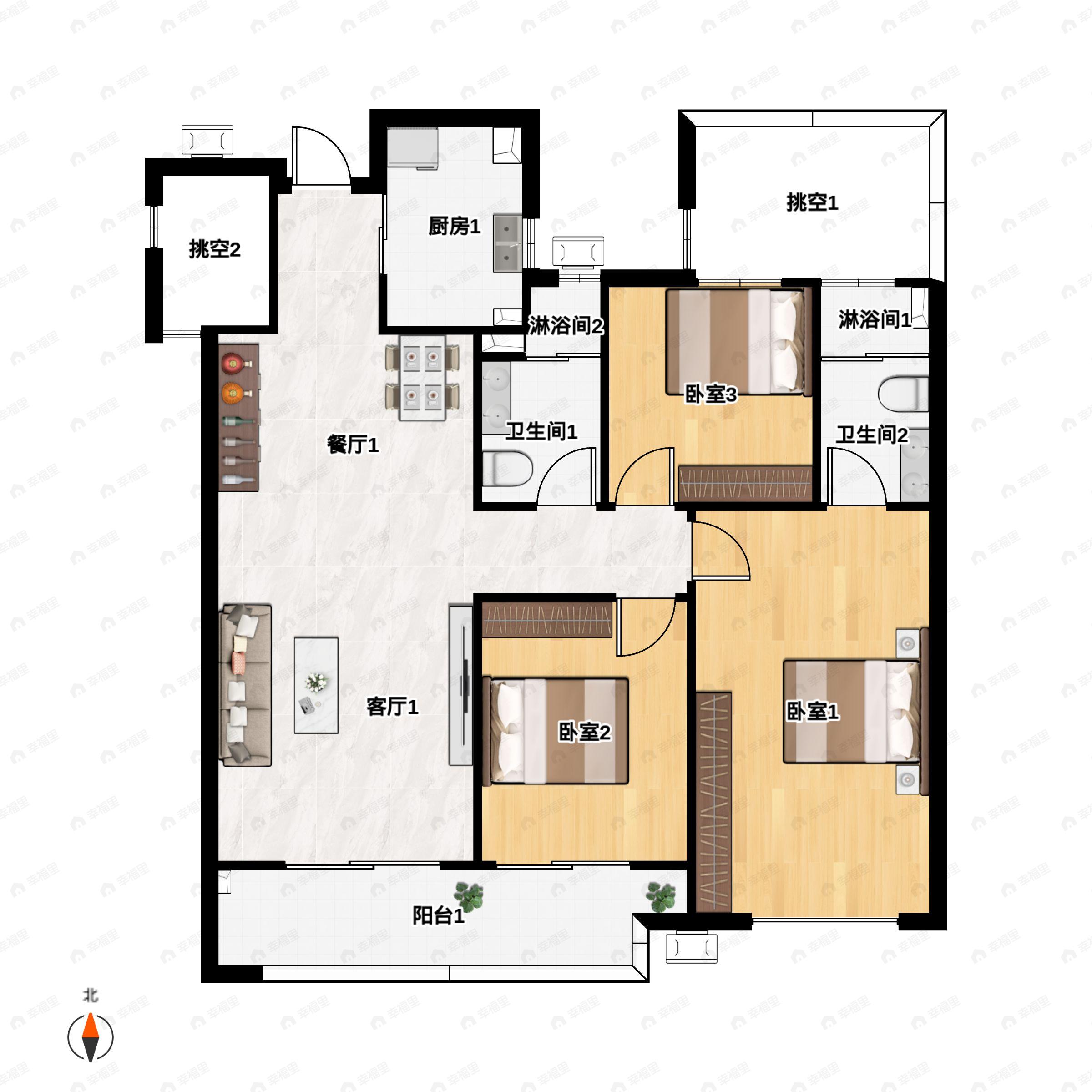 3室2厅2卫建面110平南户型图