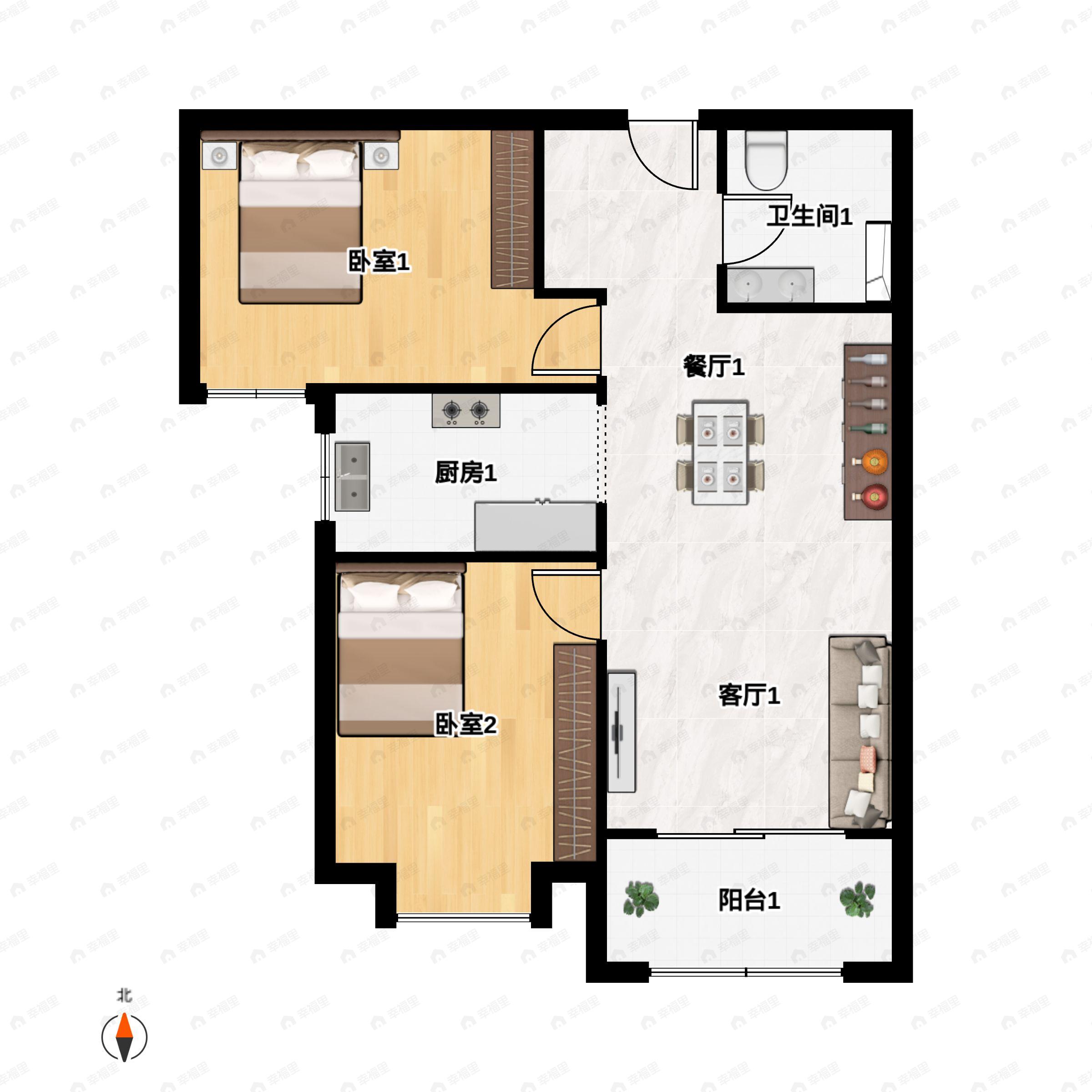 2室2厅1卫建面82m²南户型图