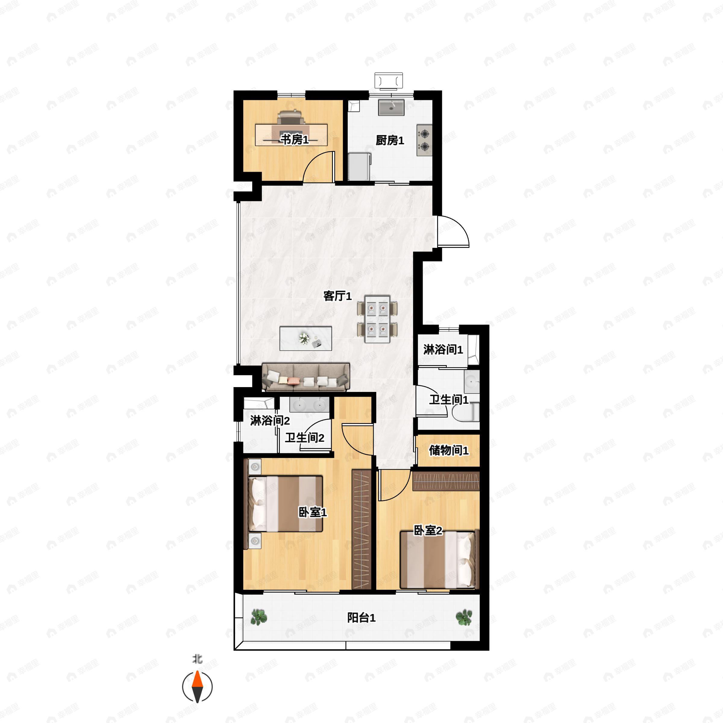 3室2厅2卫建面106平南户型图