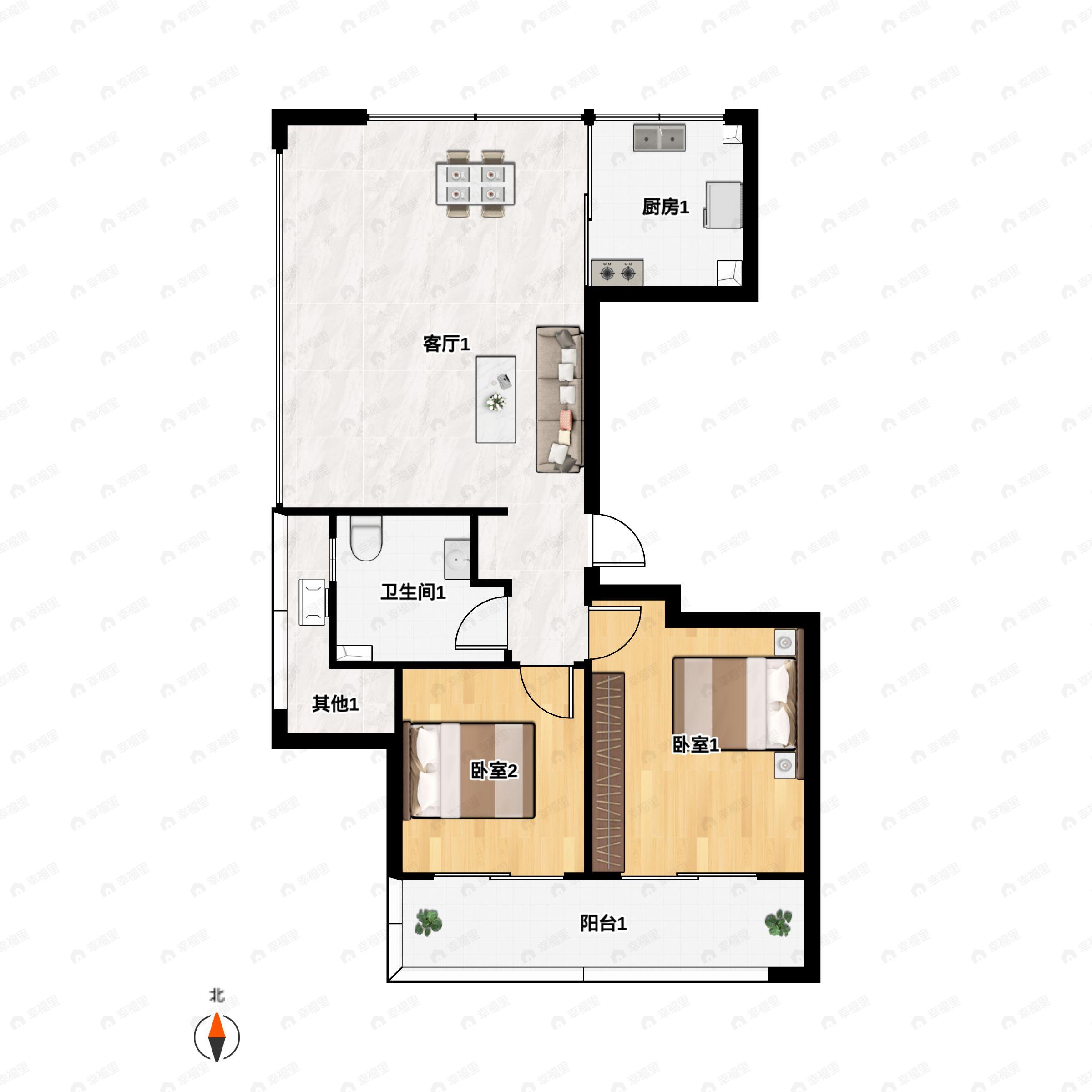 2室2厅1卫建面85m²户型图