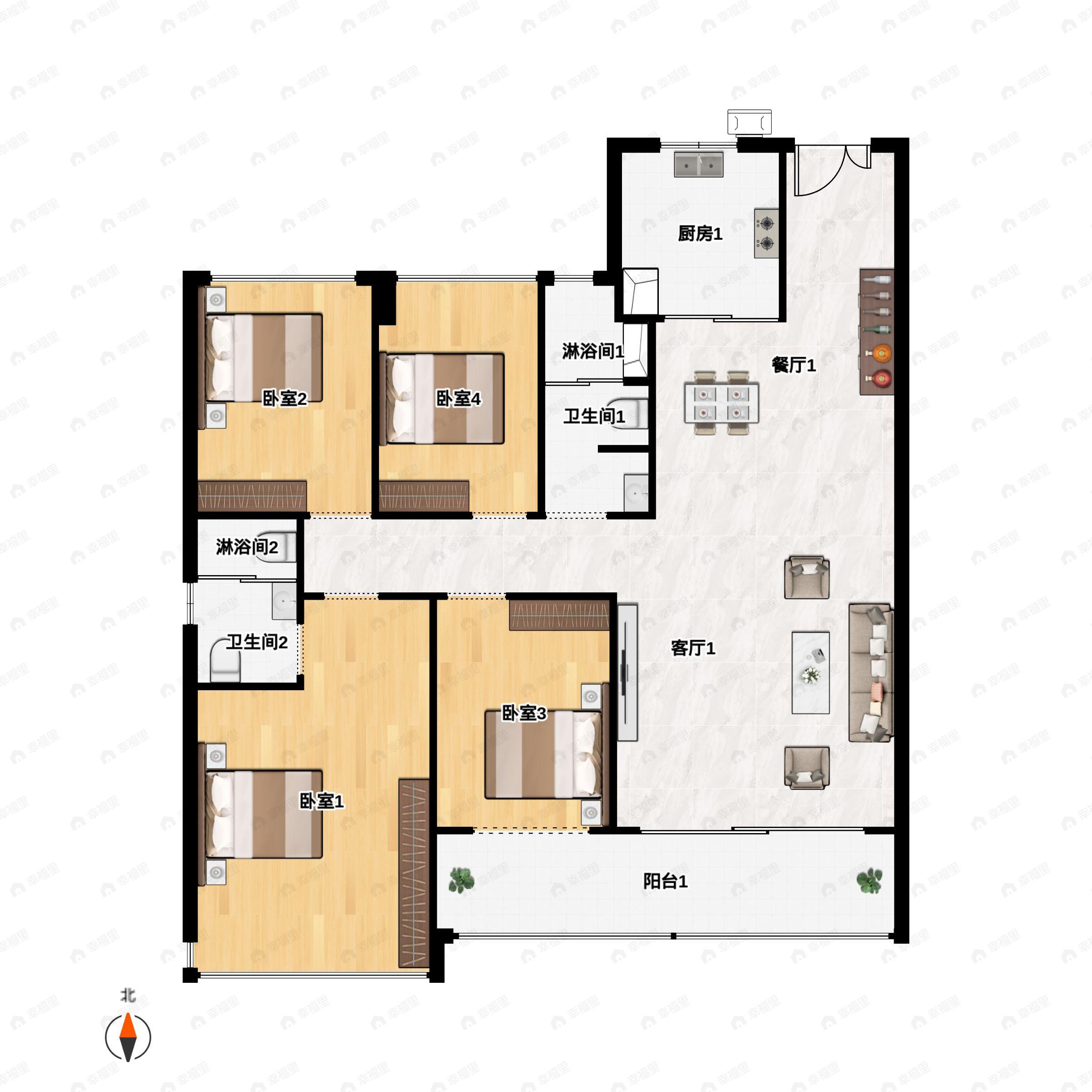 4室2厅2卫建面143平南户型图