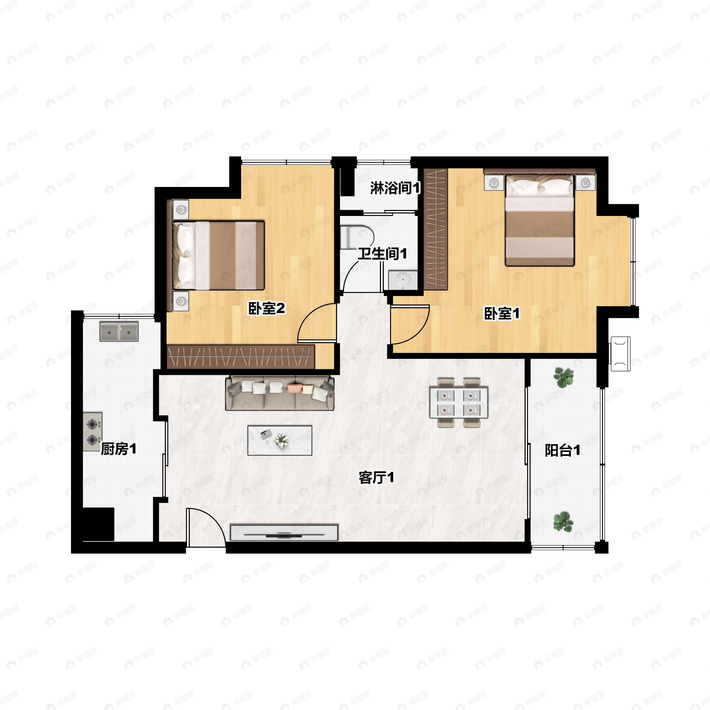 2室2厅1卫建面85m²北户型图
