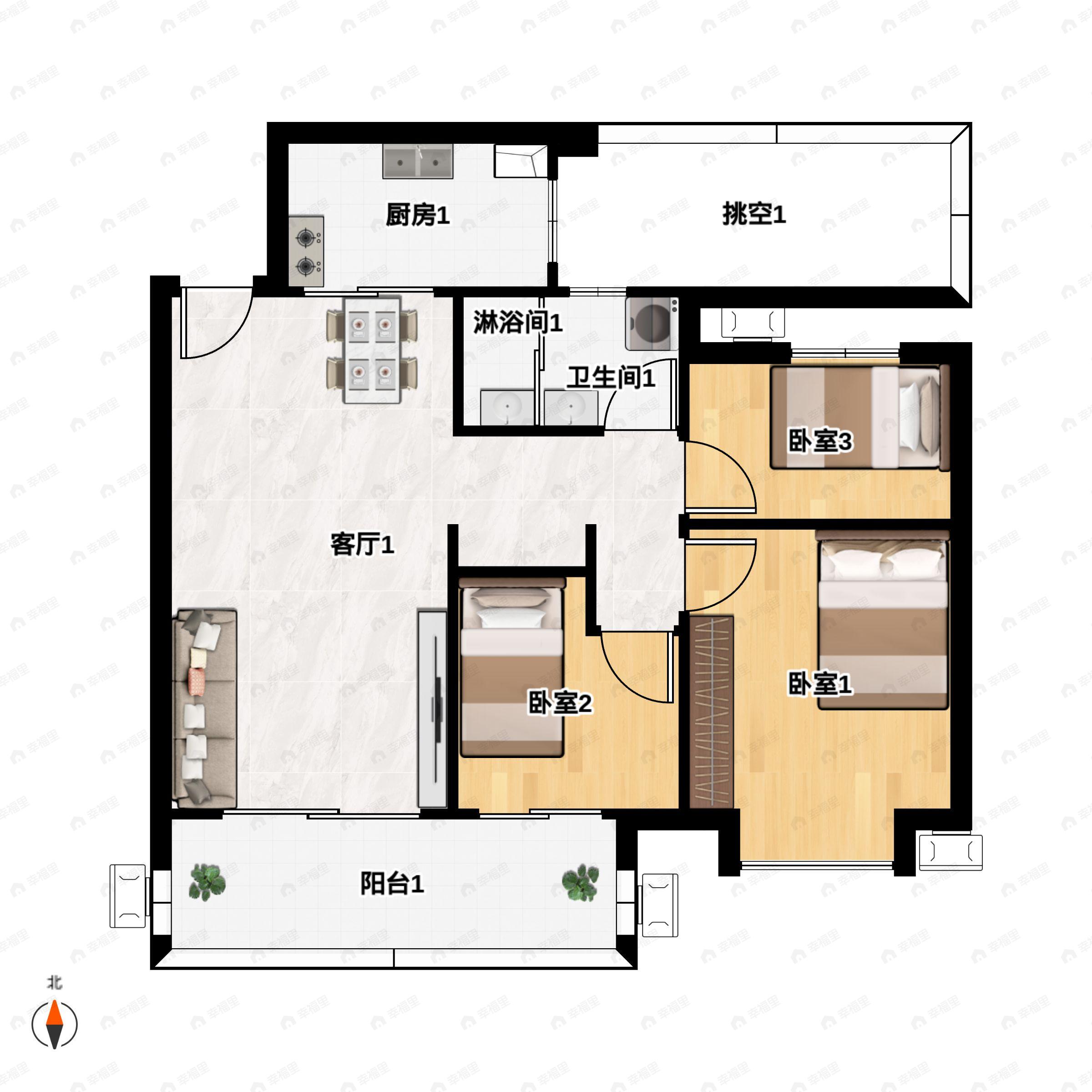 3室2厅1卫建面86平户型图