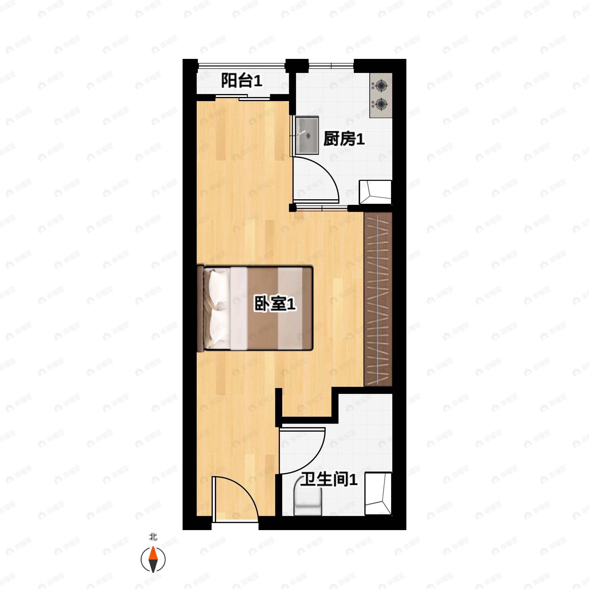1室1厅1卫建面36m²北户型图