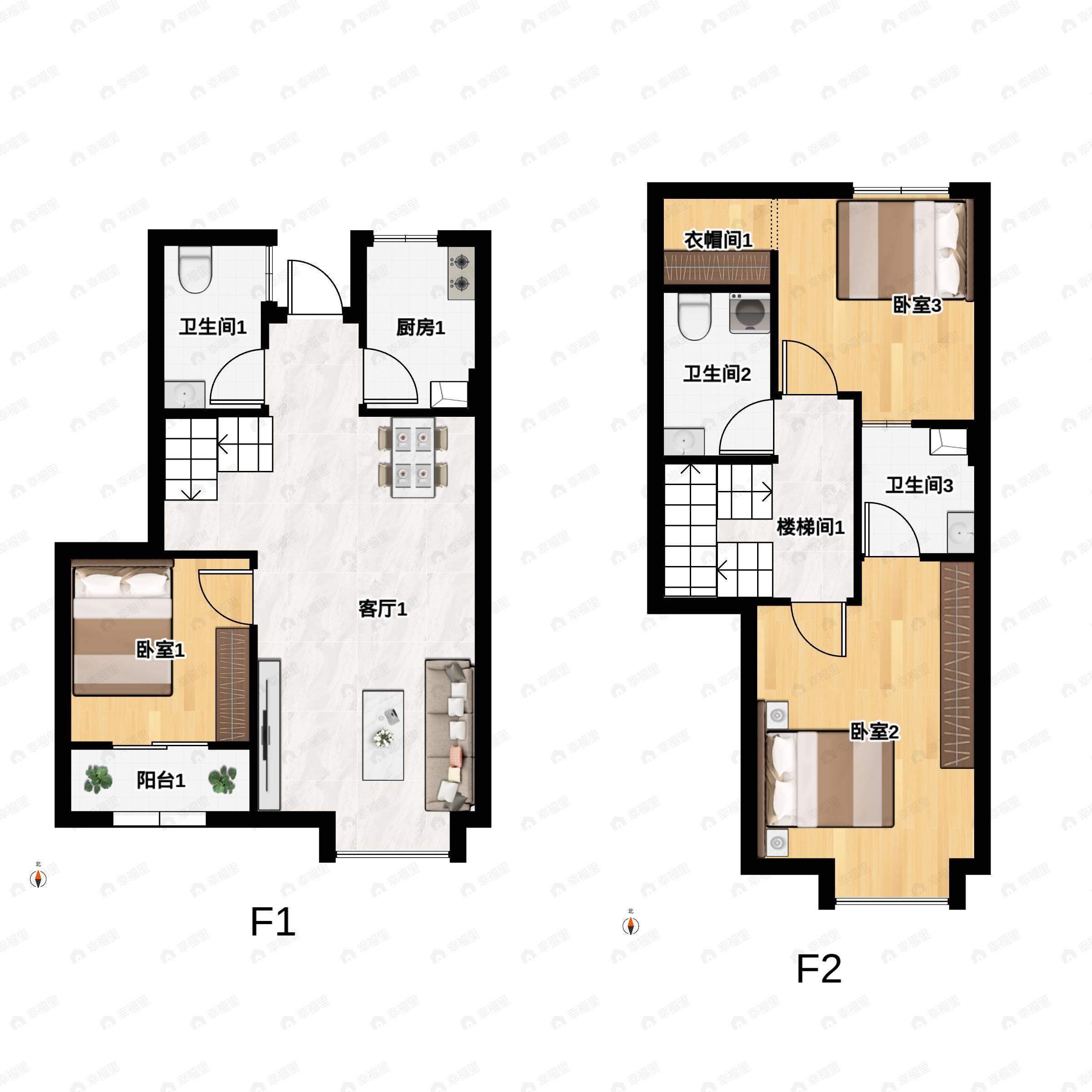 3室2厅3卫建面105平户型图