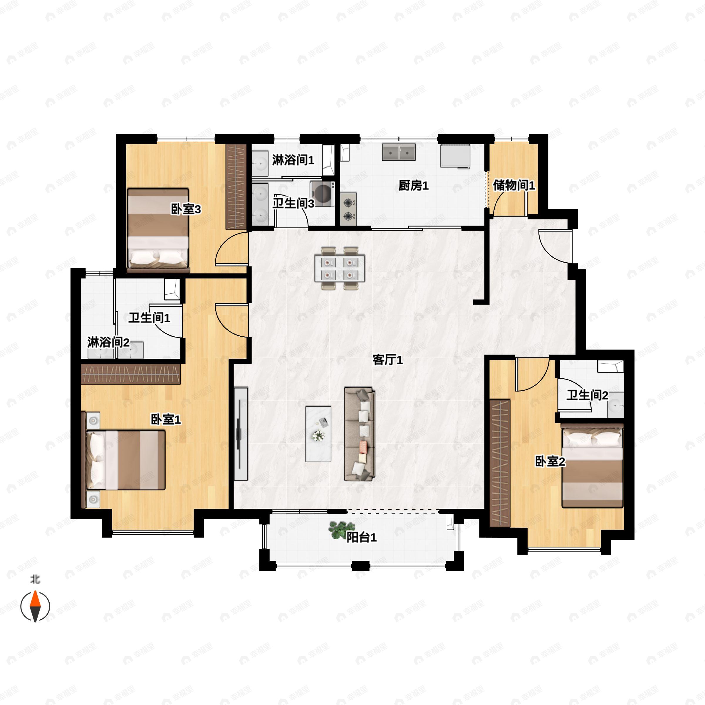 3室2厅3卫建面140平户型图