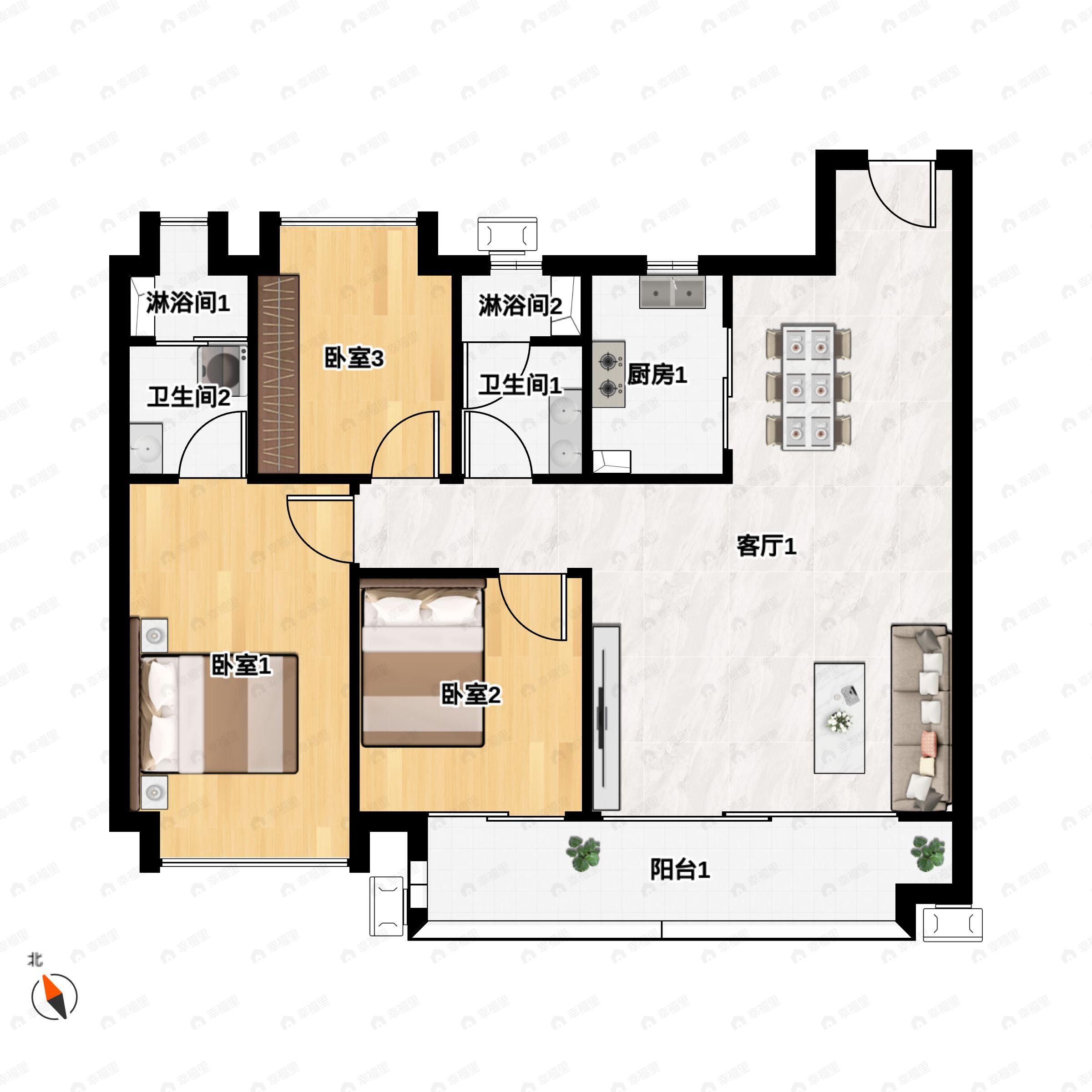 3室2厅2卫建面112m²南|北户型图