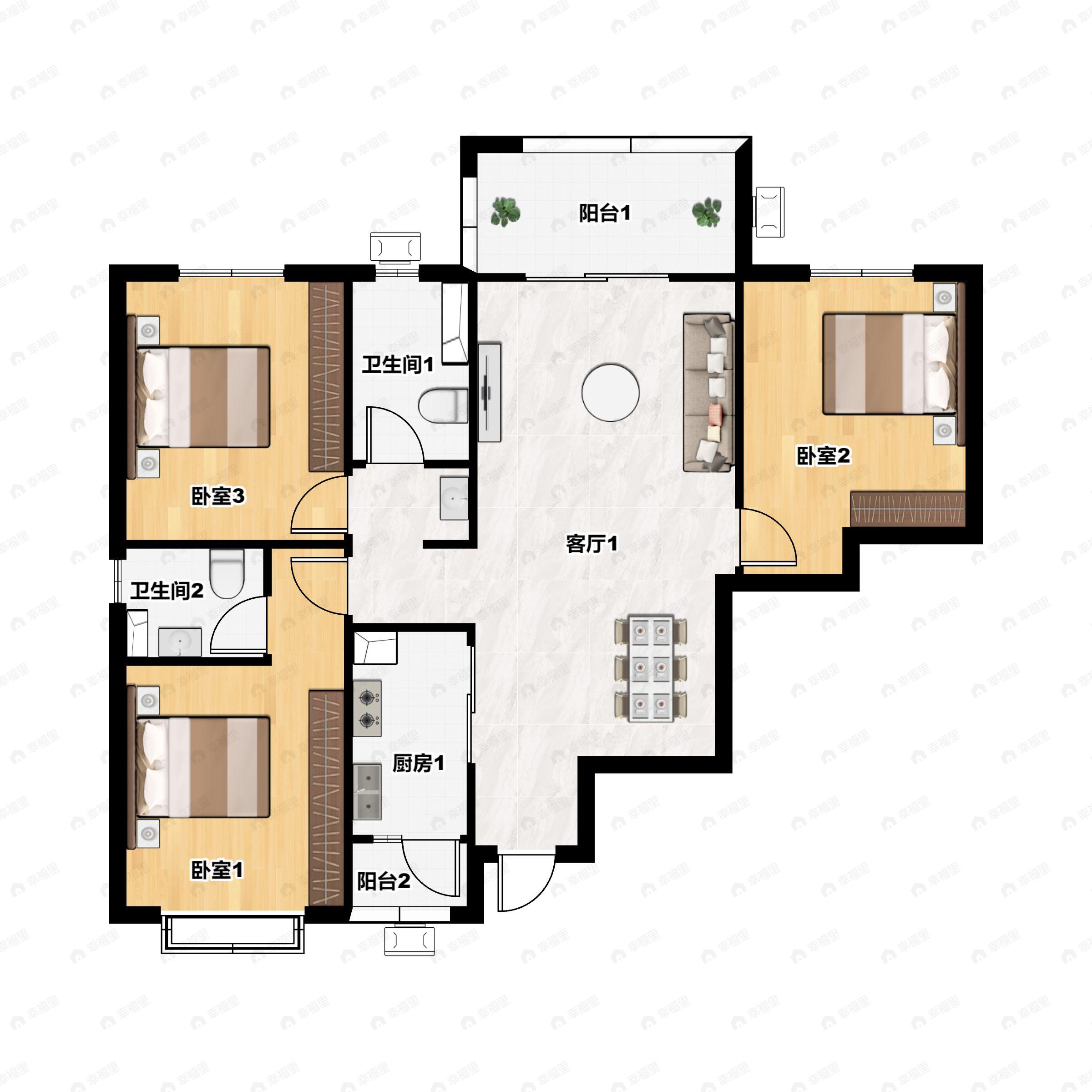2室2厅2卫建面116平户型图