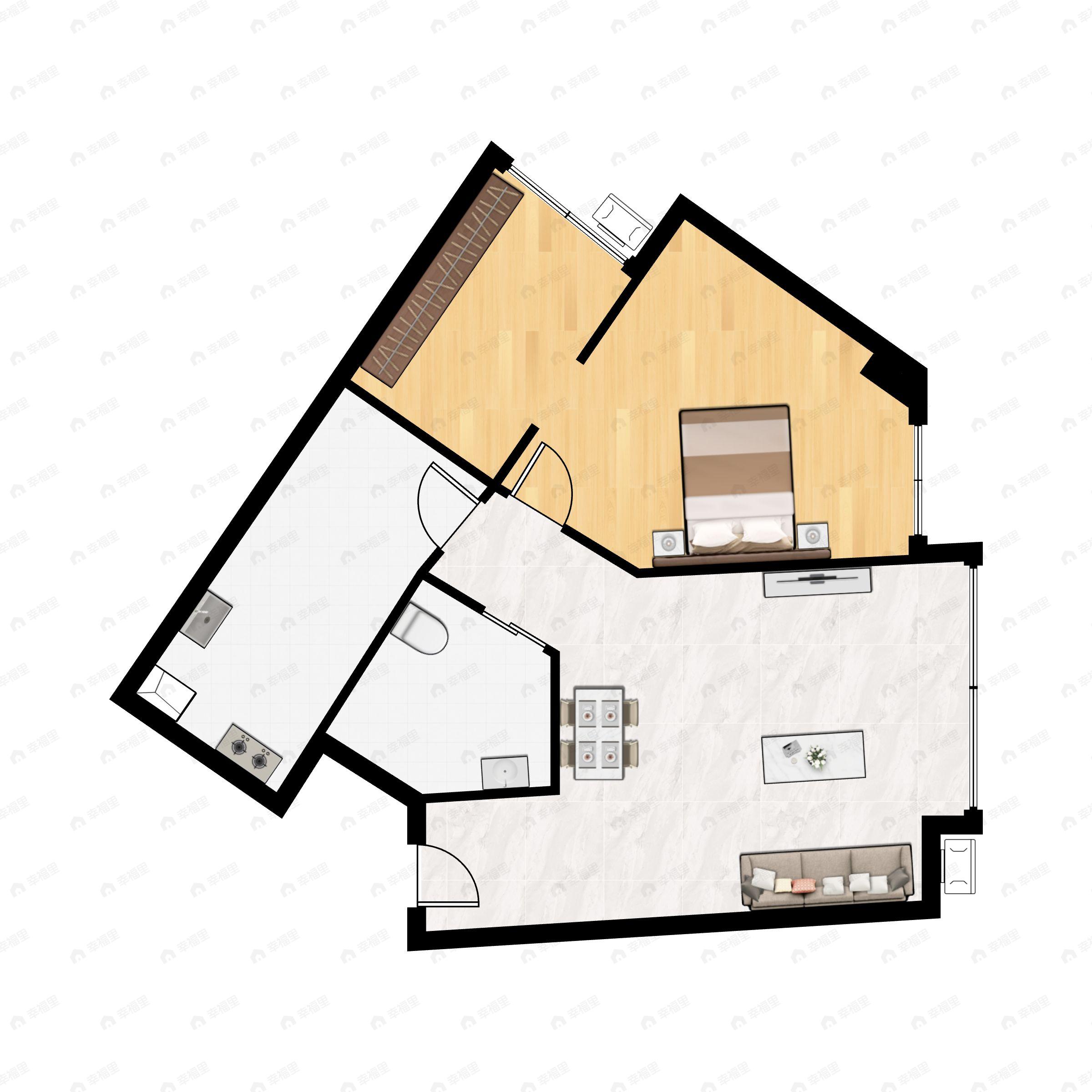 1室1厅1卫建面60m²南户型图