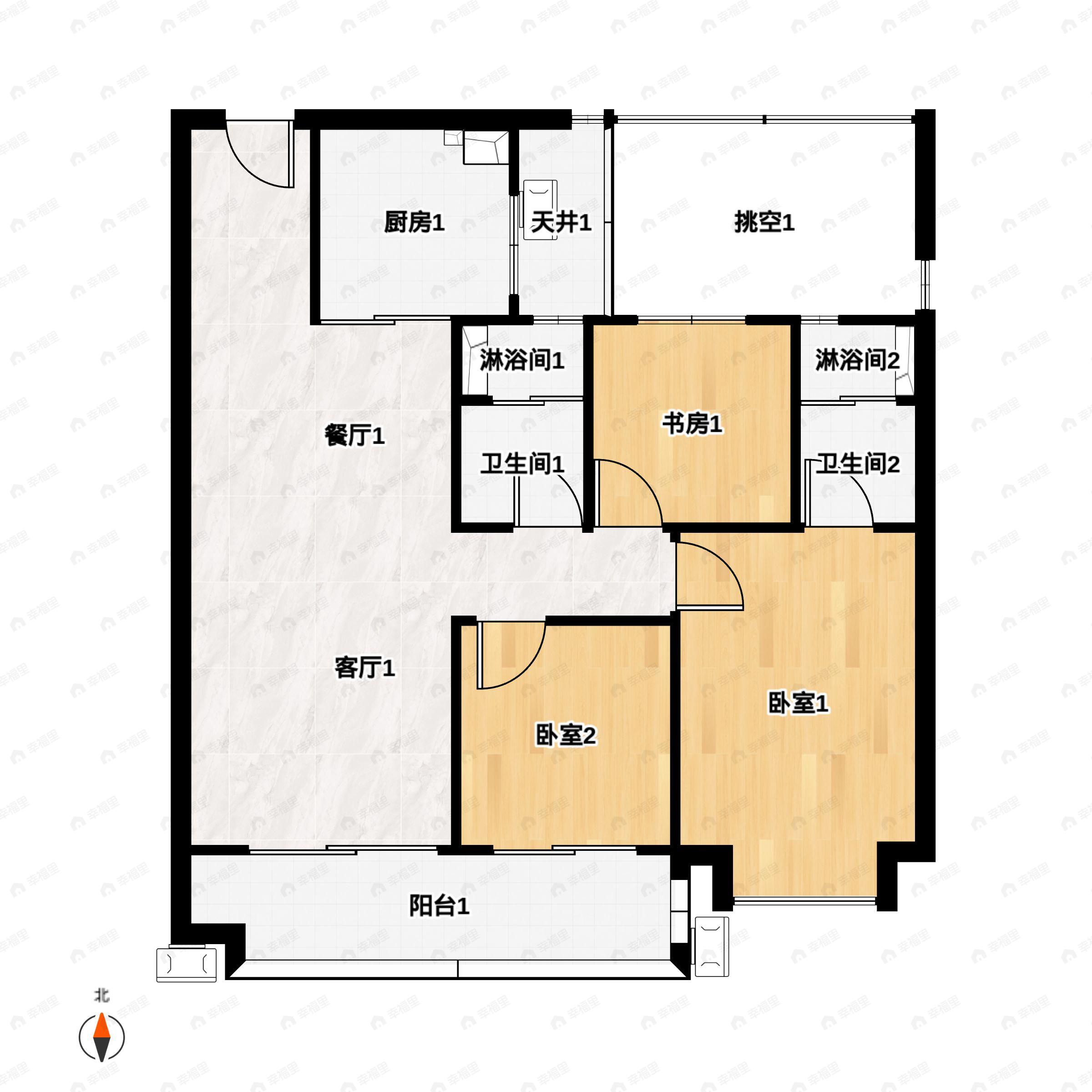 3室2厅2卫建面98平户型图