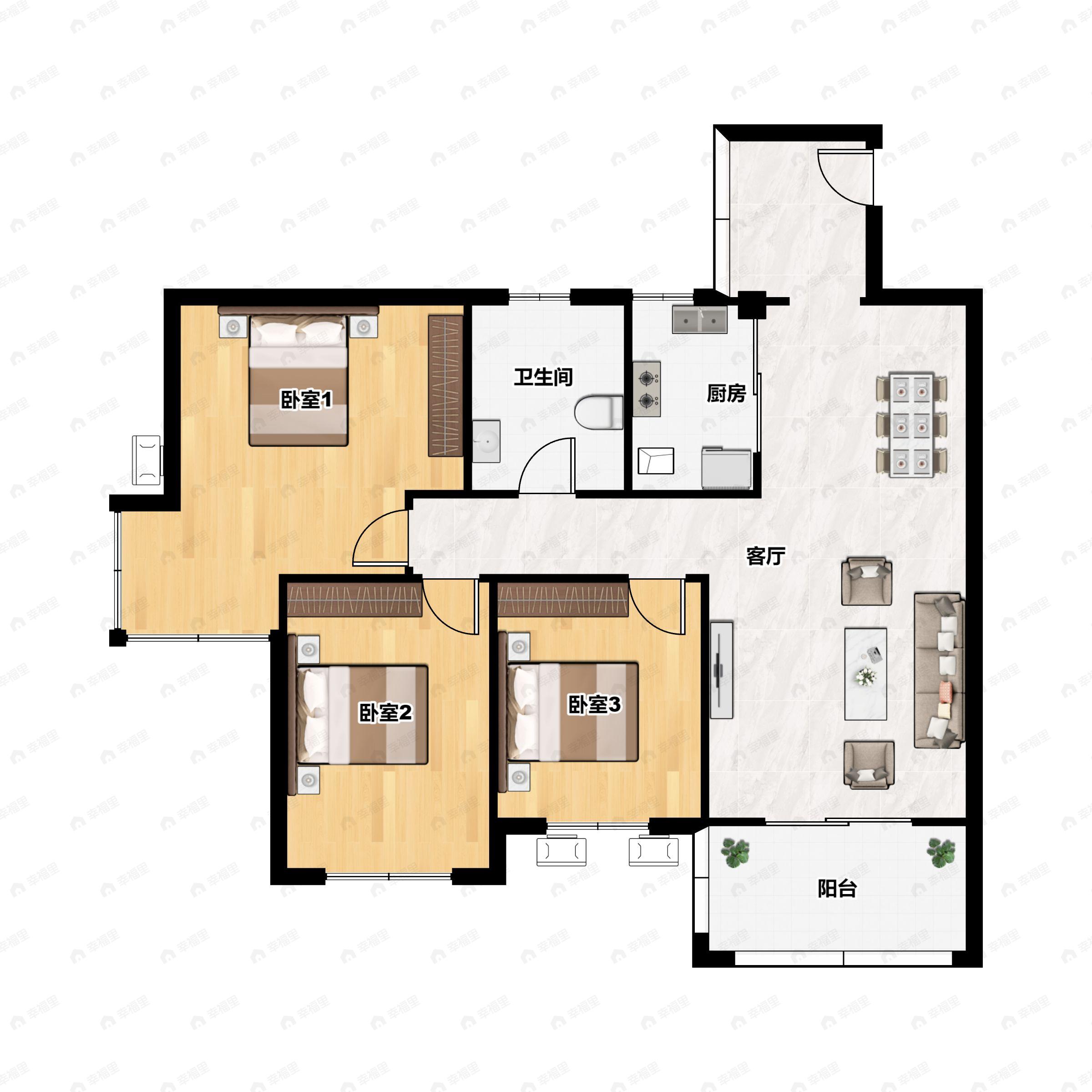 3室2厅1卫建面95平南户型图