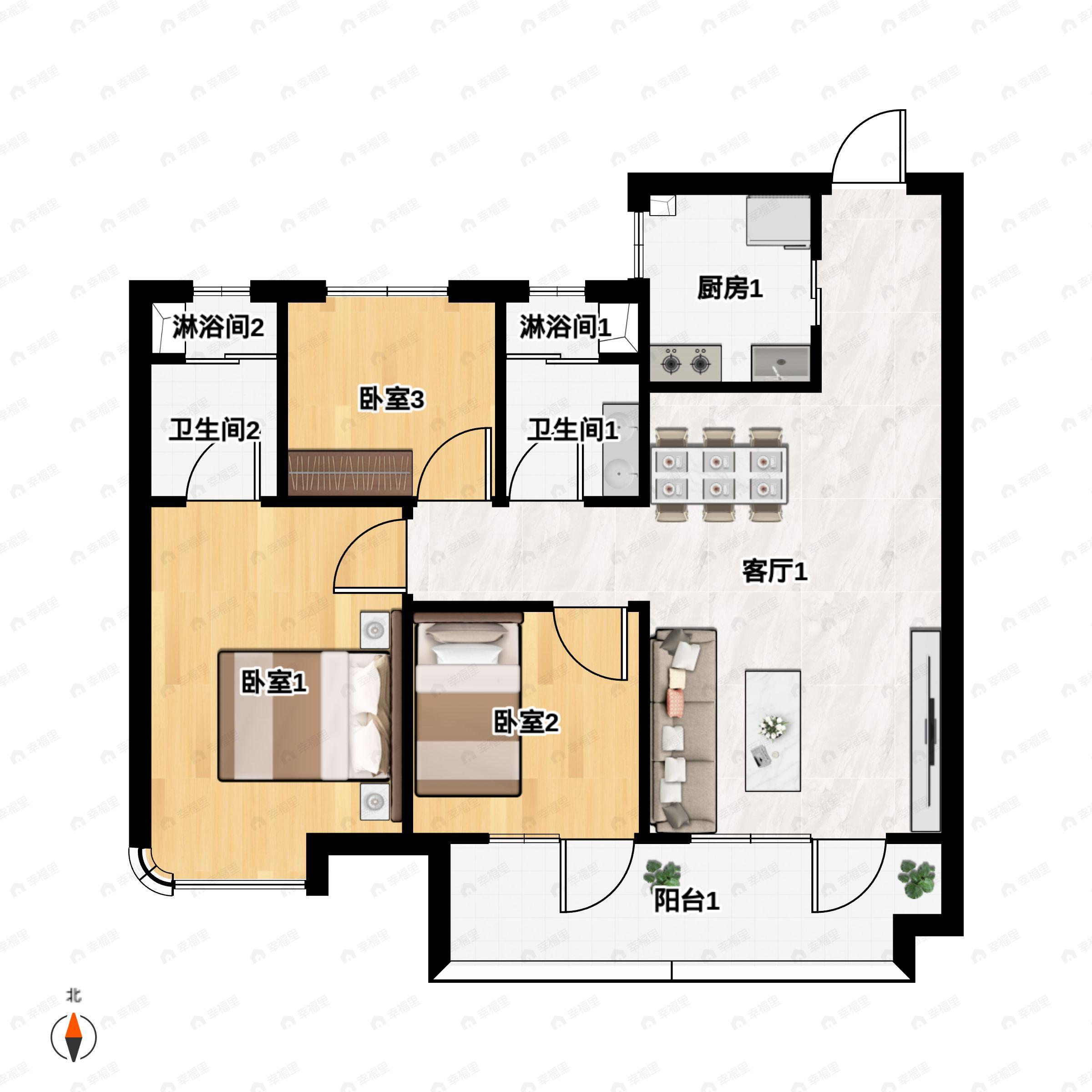 3室2厅2卫建面107平南|北户型图