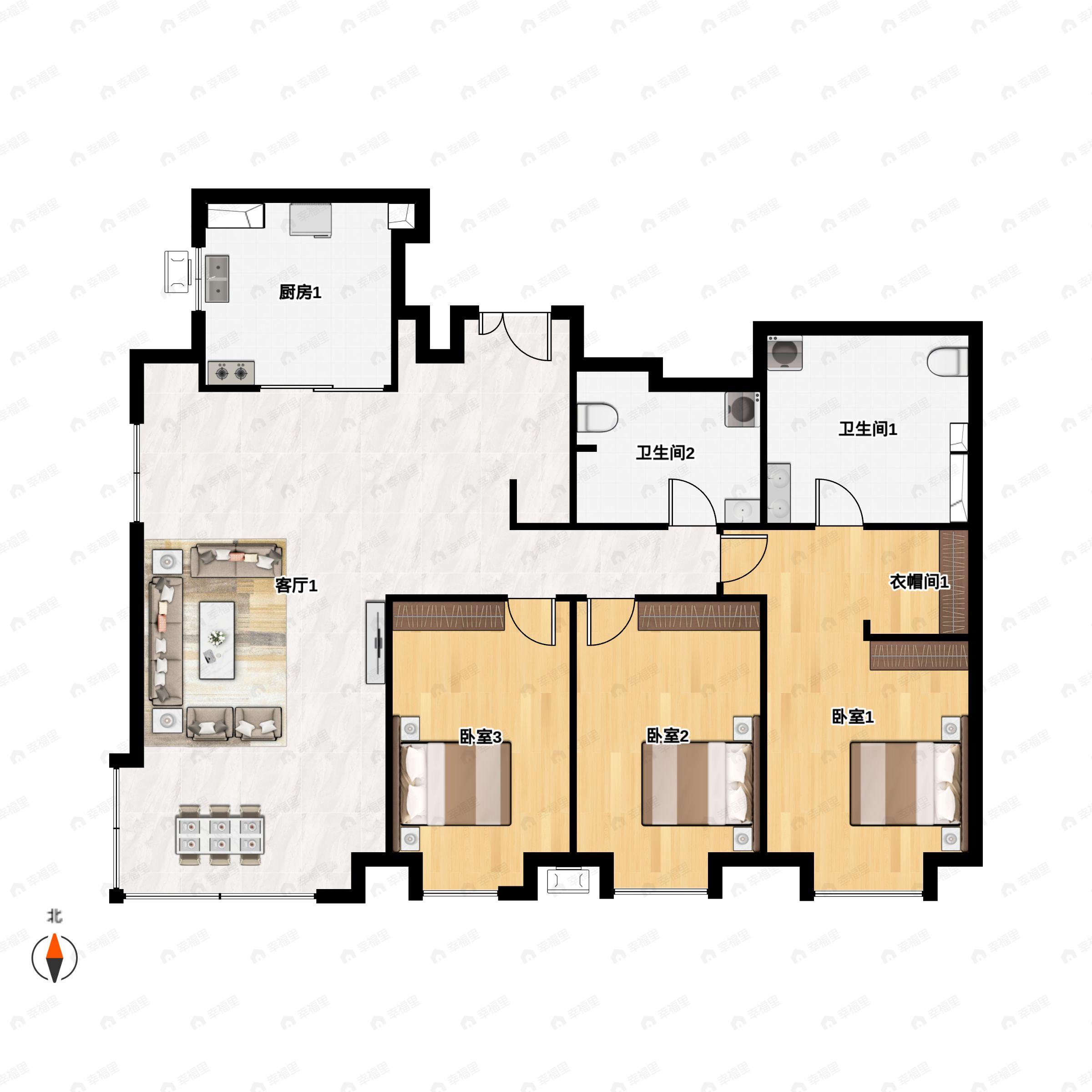 3室2厅2卫建面180平南户型图