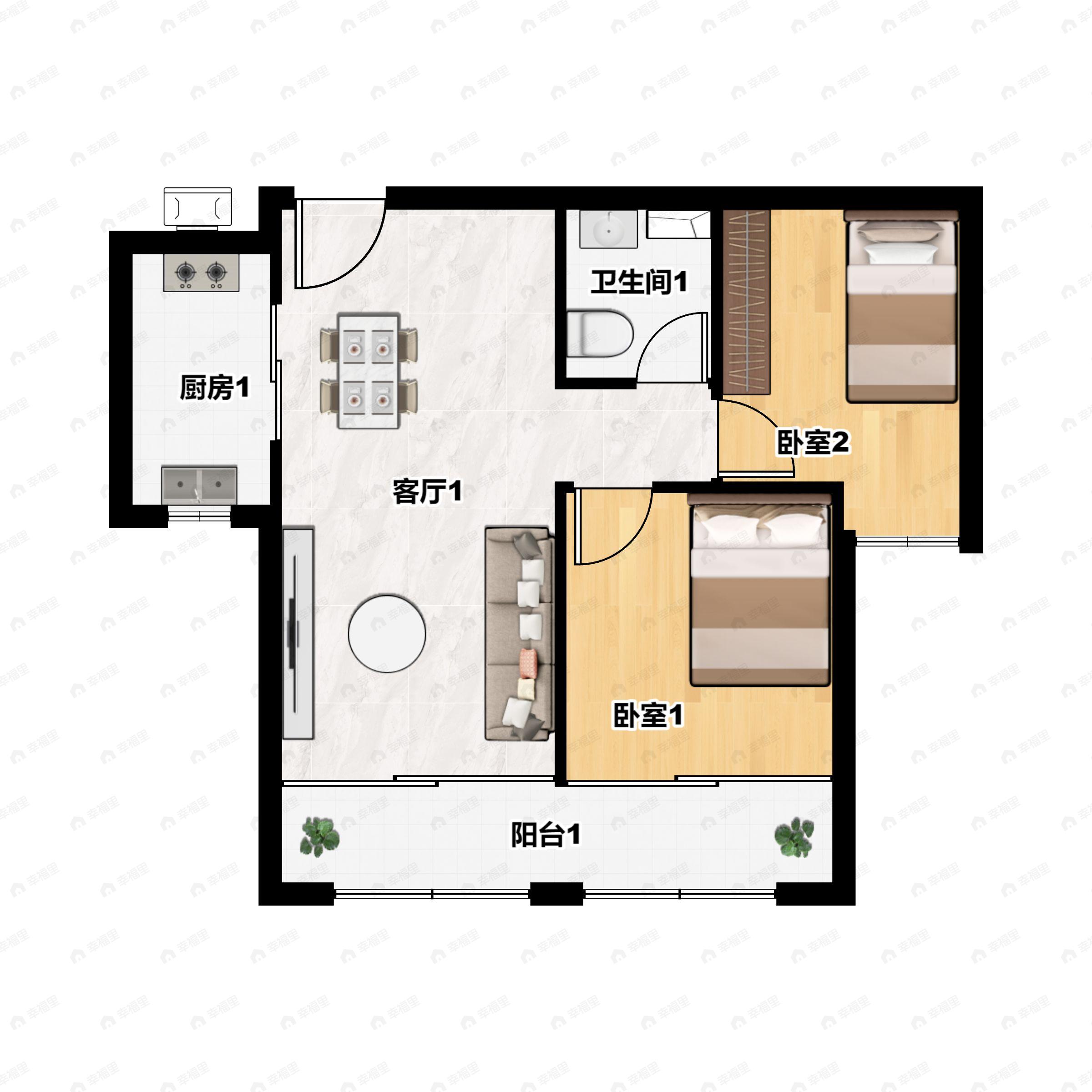 2室2厅1卫建面88m²南户型图