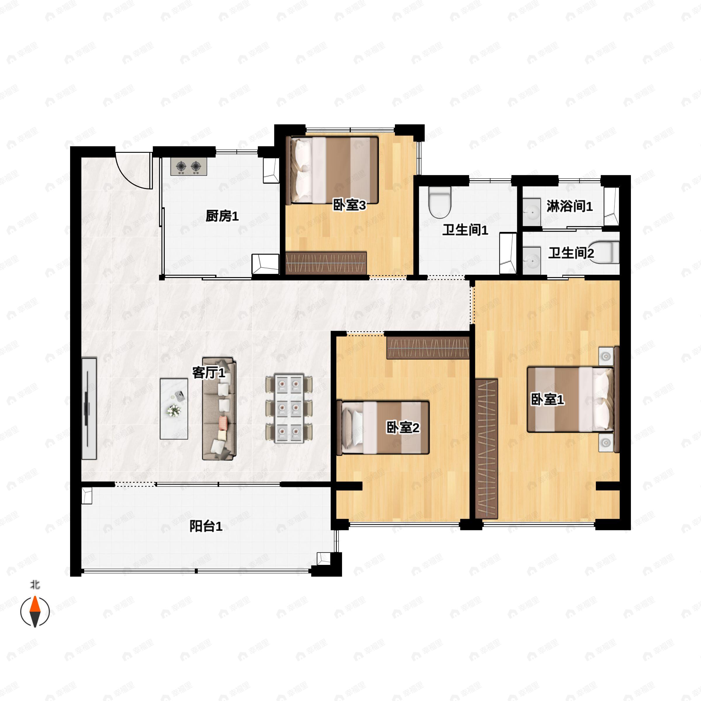 3室2厅2卫建面105m²南户型图