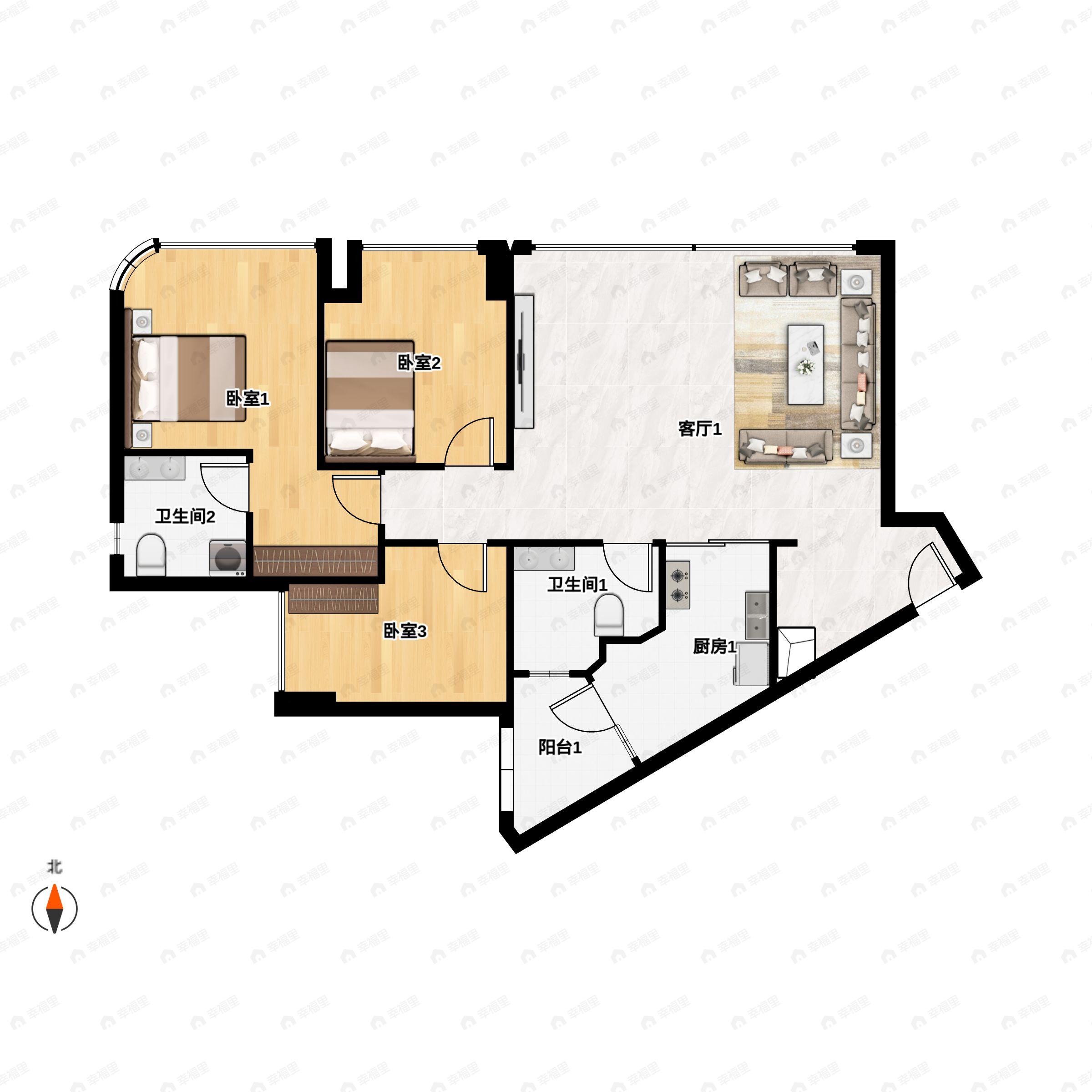 3室1厅2卫建面99m²东北户型图