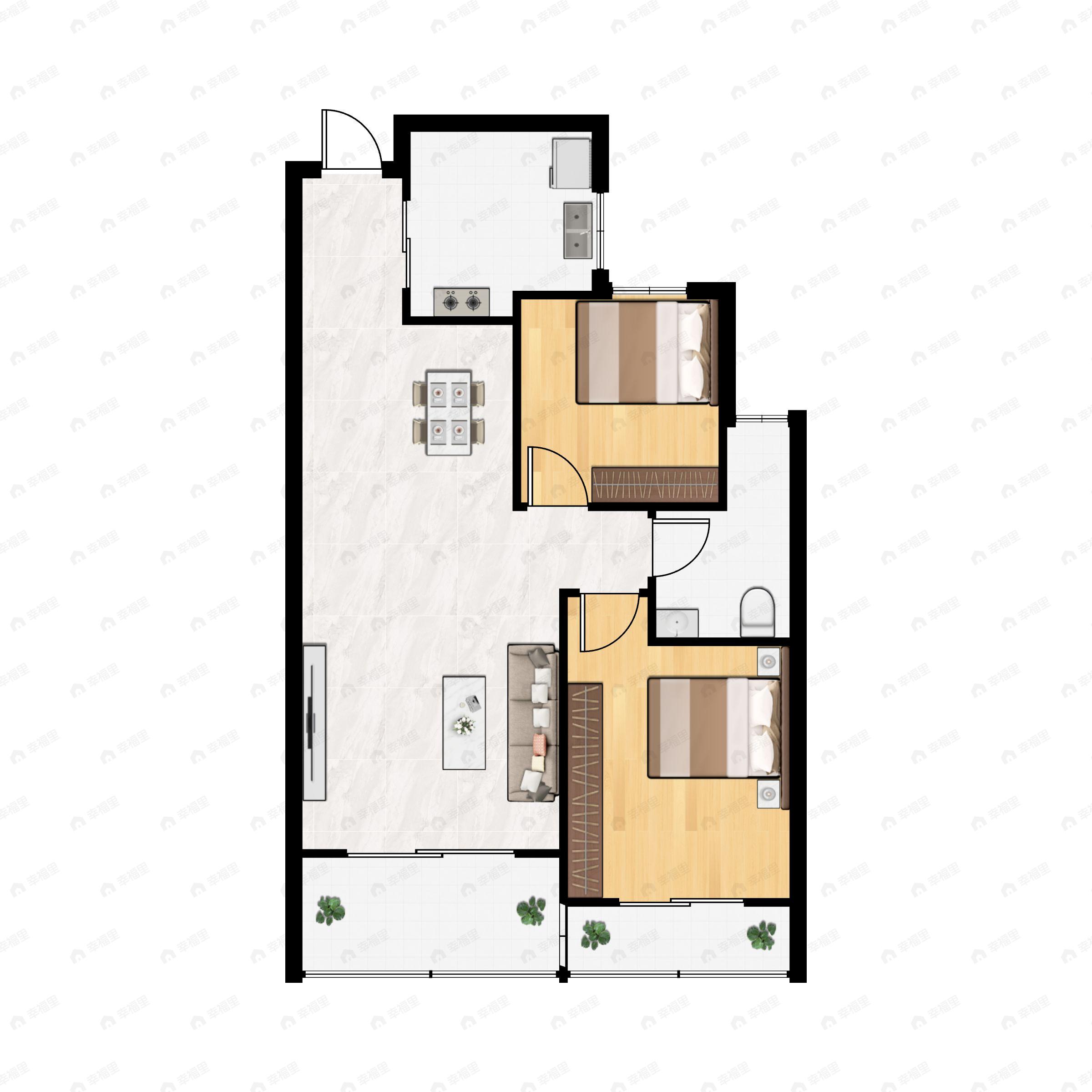 2室2厅1卫建面87m²南|北户型图