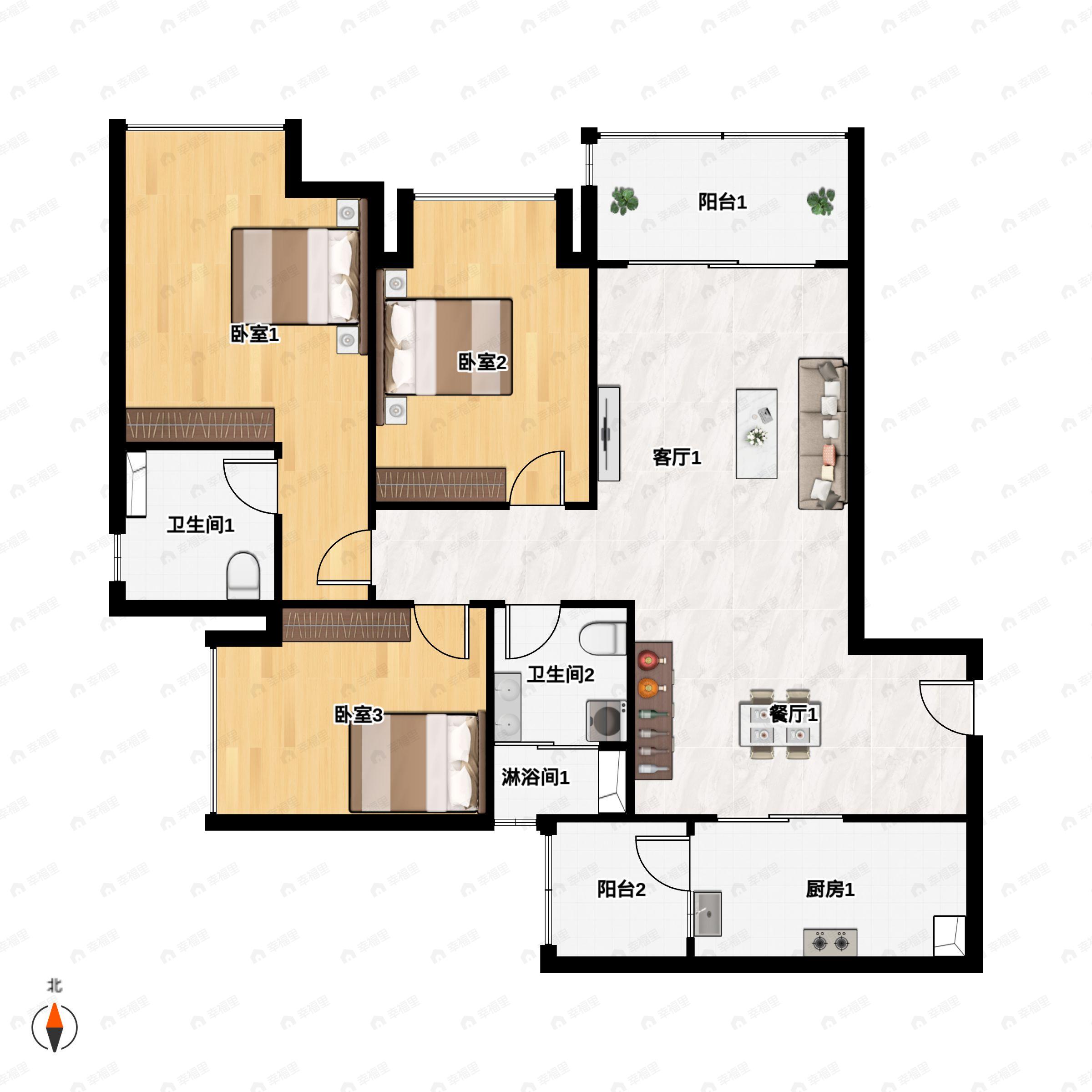 3室2厅2卫建面94m²西北|东北|西南|东南户型图