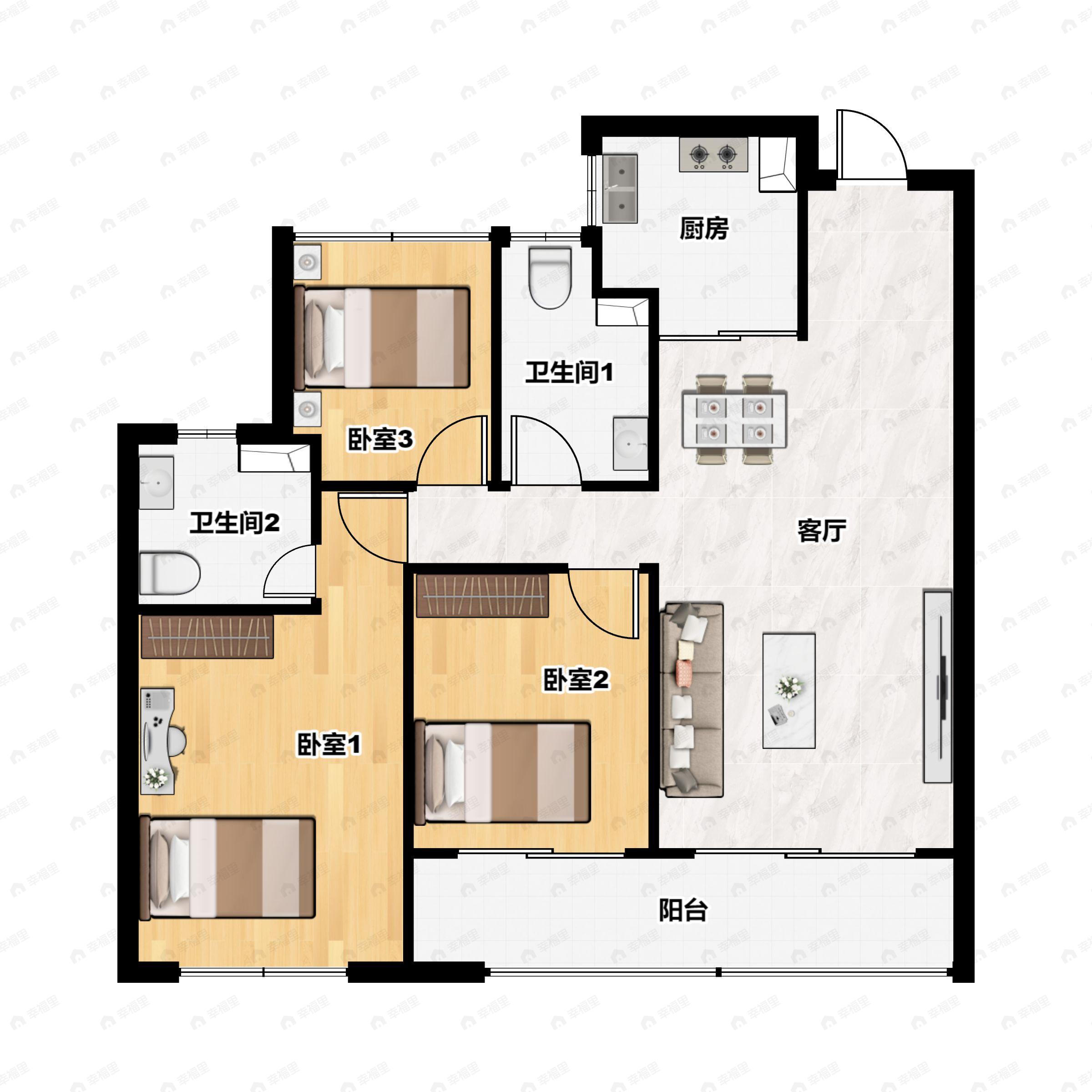 3室2厅2卫建面89平户型图