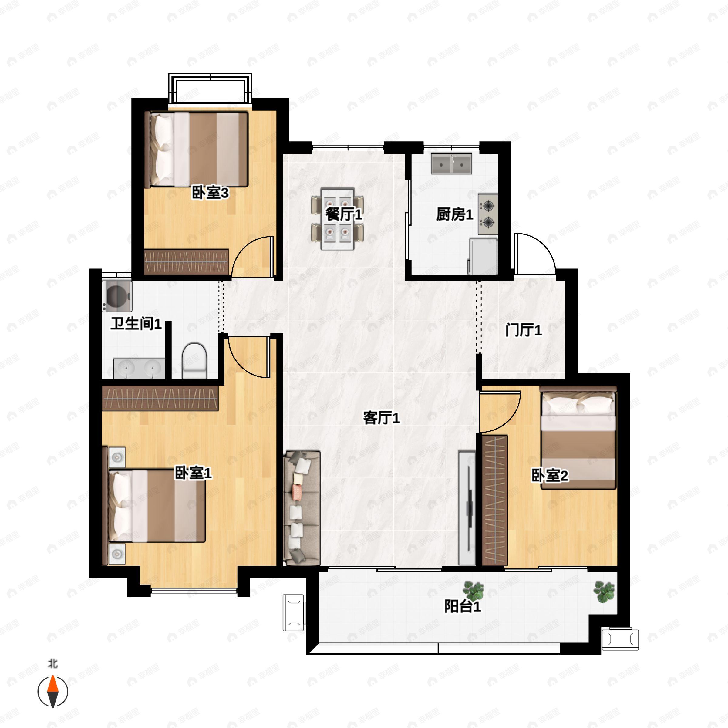 3室2厅1卫建面114平户型图