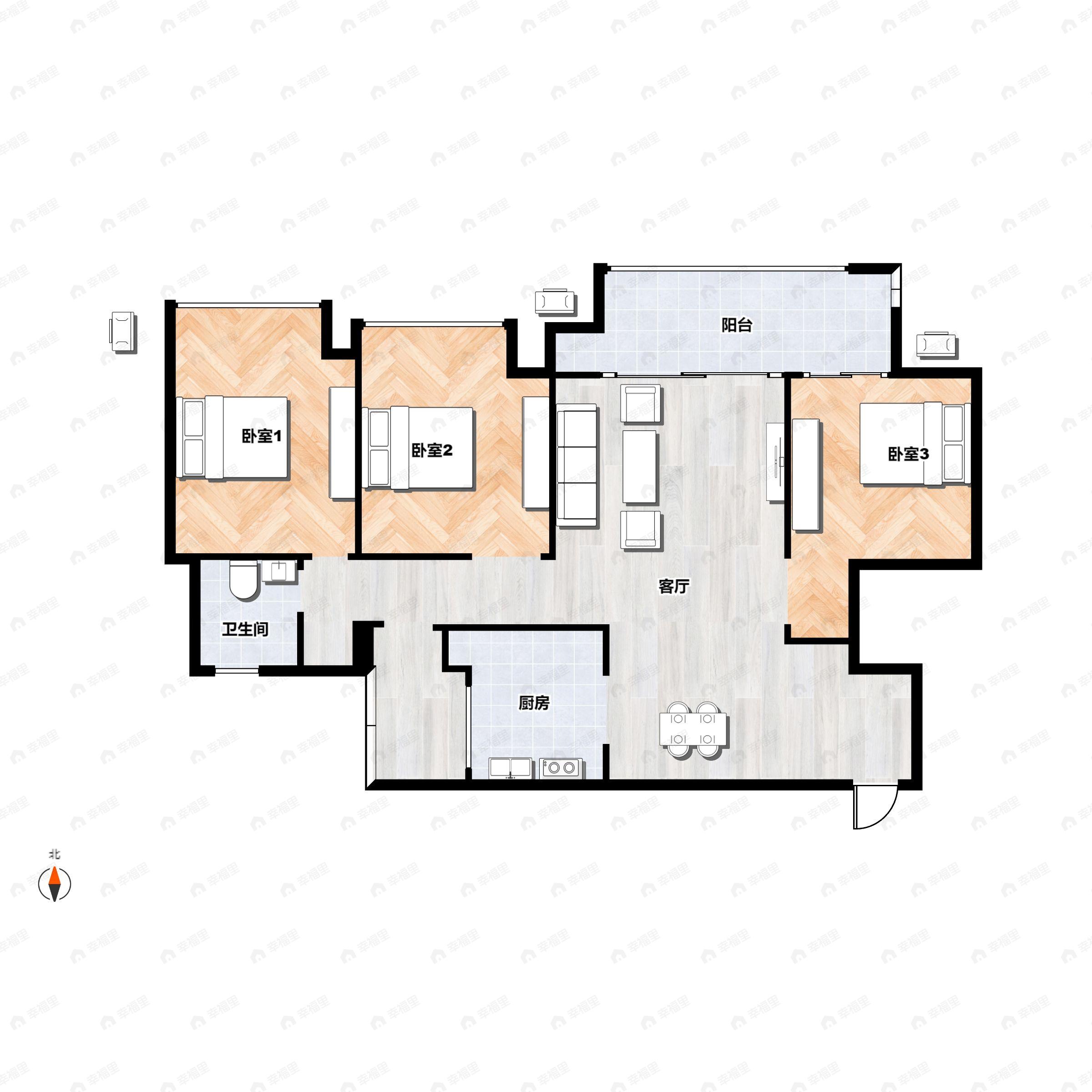 3室2厅1卫建面72平户型图