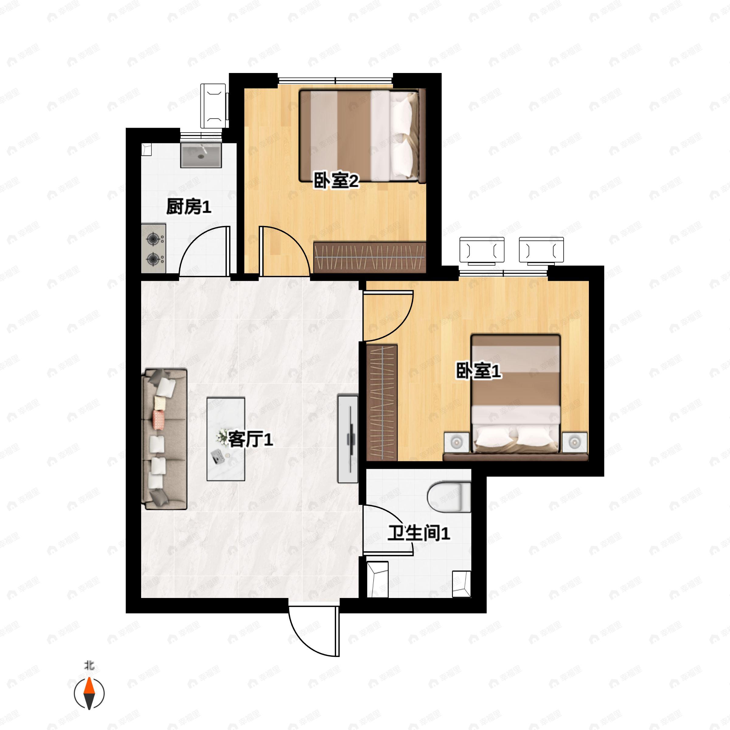 2室2厅1卫建面59平北户型图