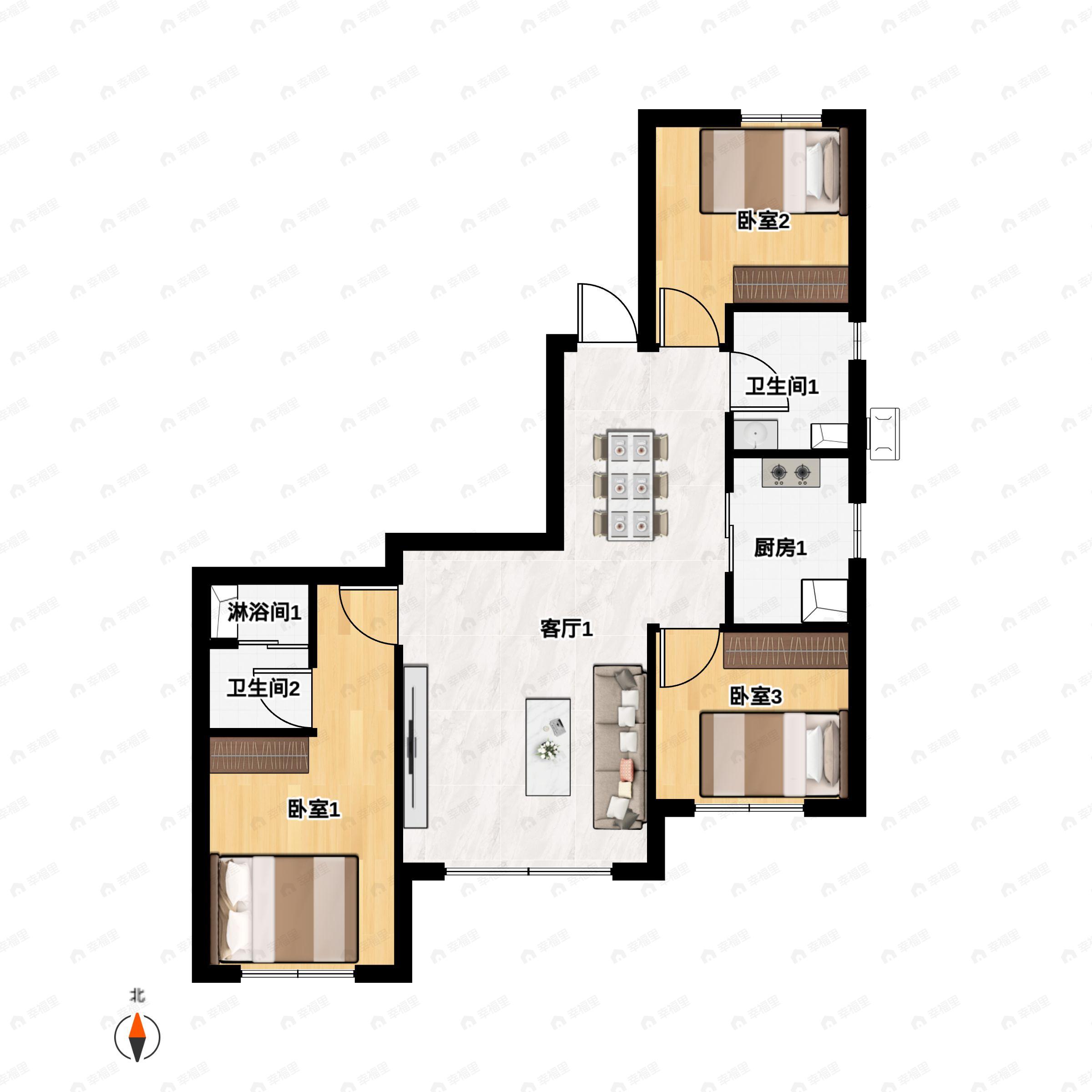 3室2厅2卫建面118平户型图