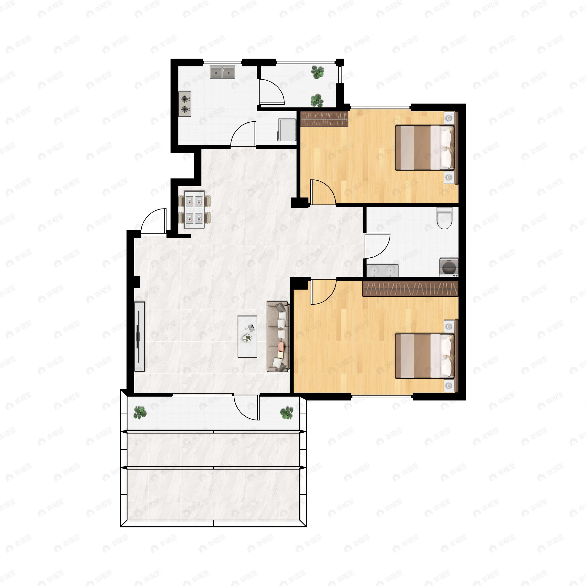 2室2厅1卫建面88m²南户型图