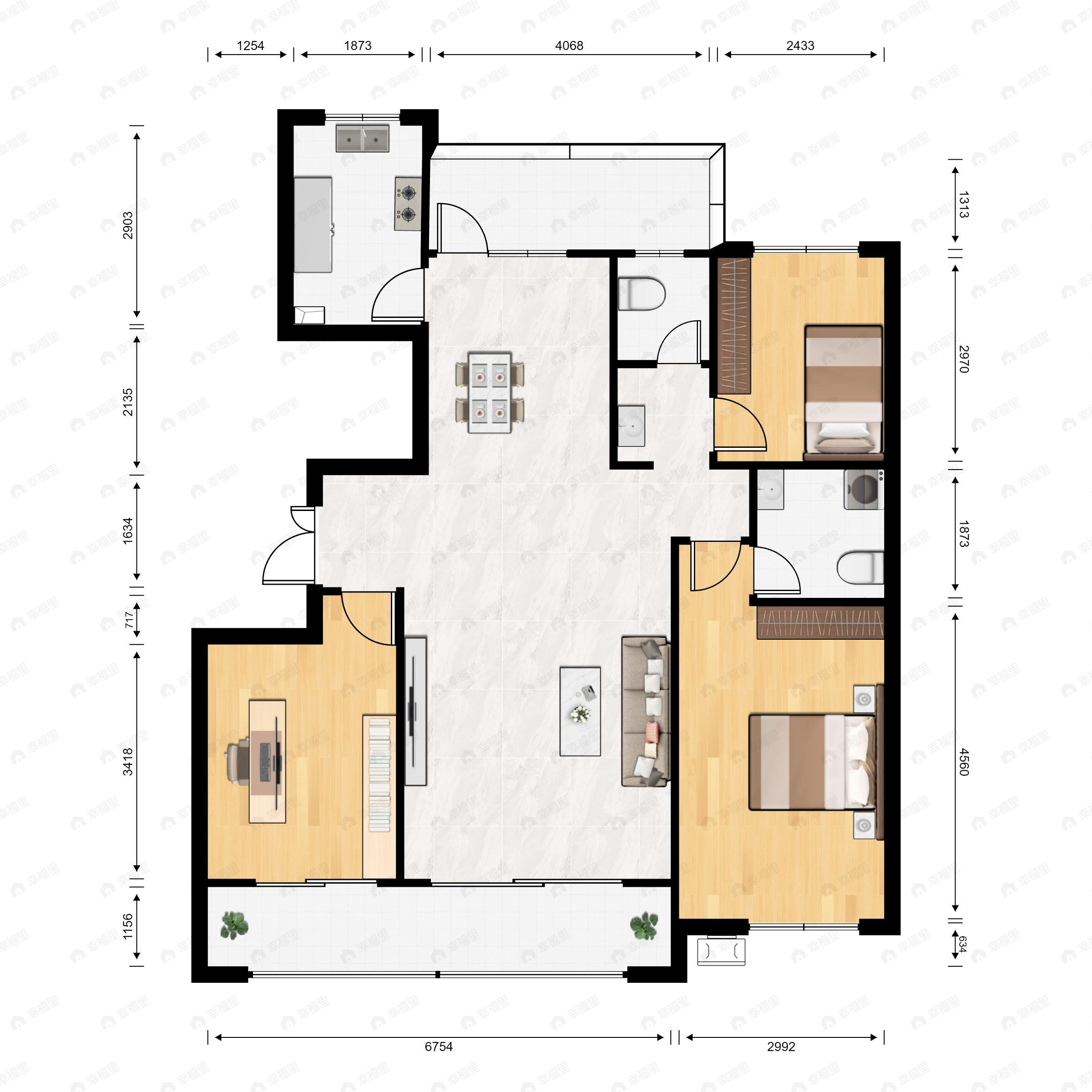 3室2厅2卫建面137平北|南户型图
