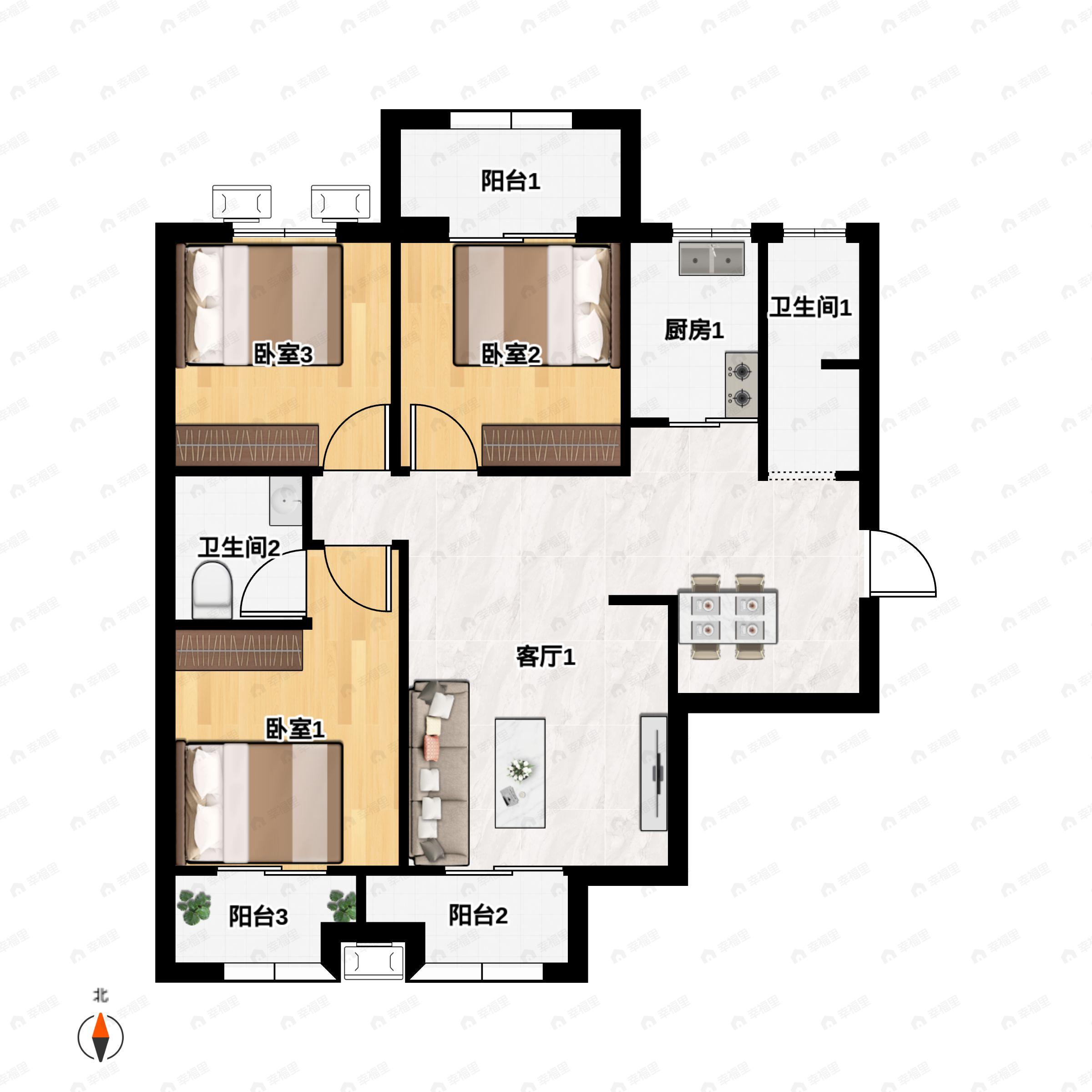 3室2厅2卫建面127平户型图