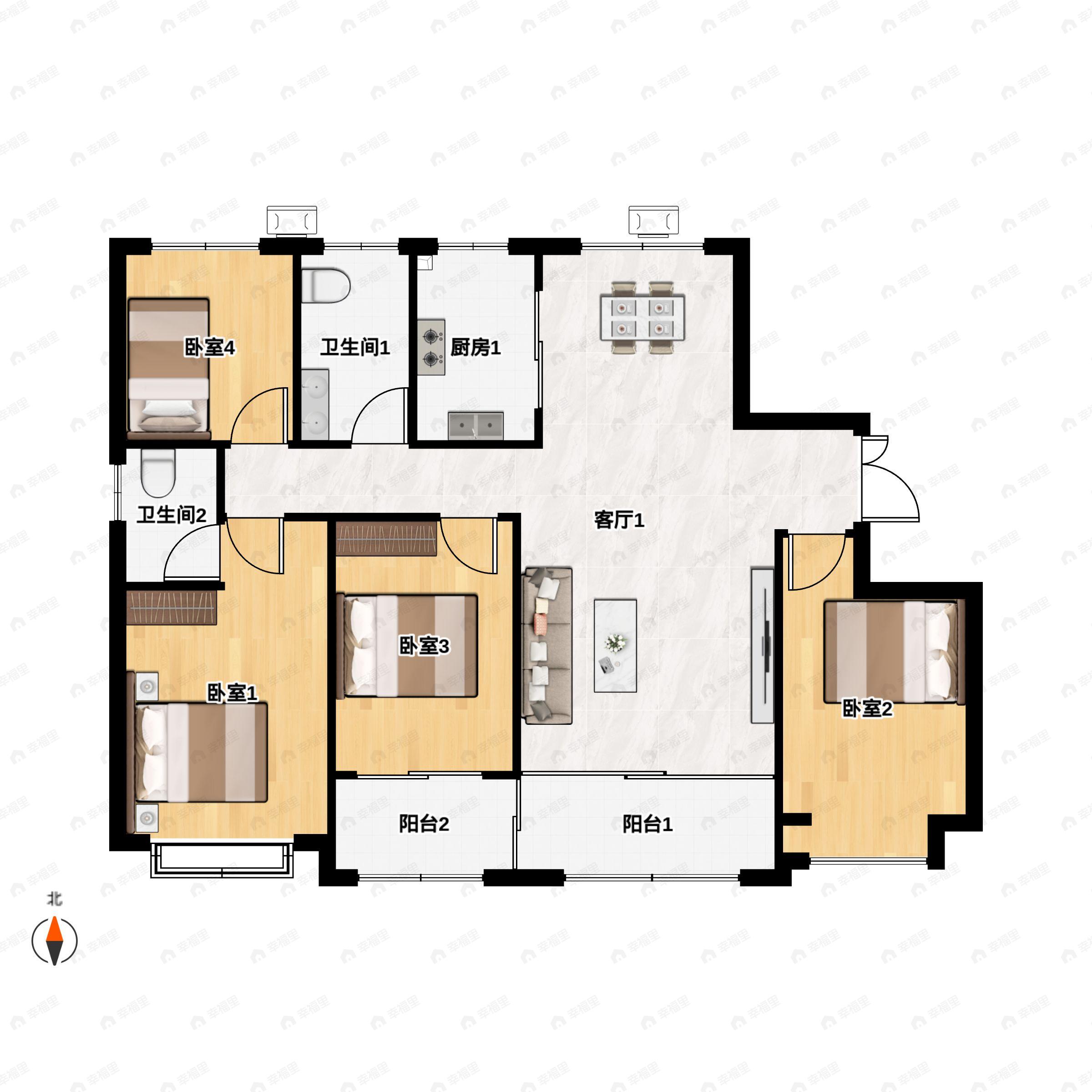 4室2厅2卫建面169平南户型图