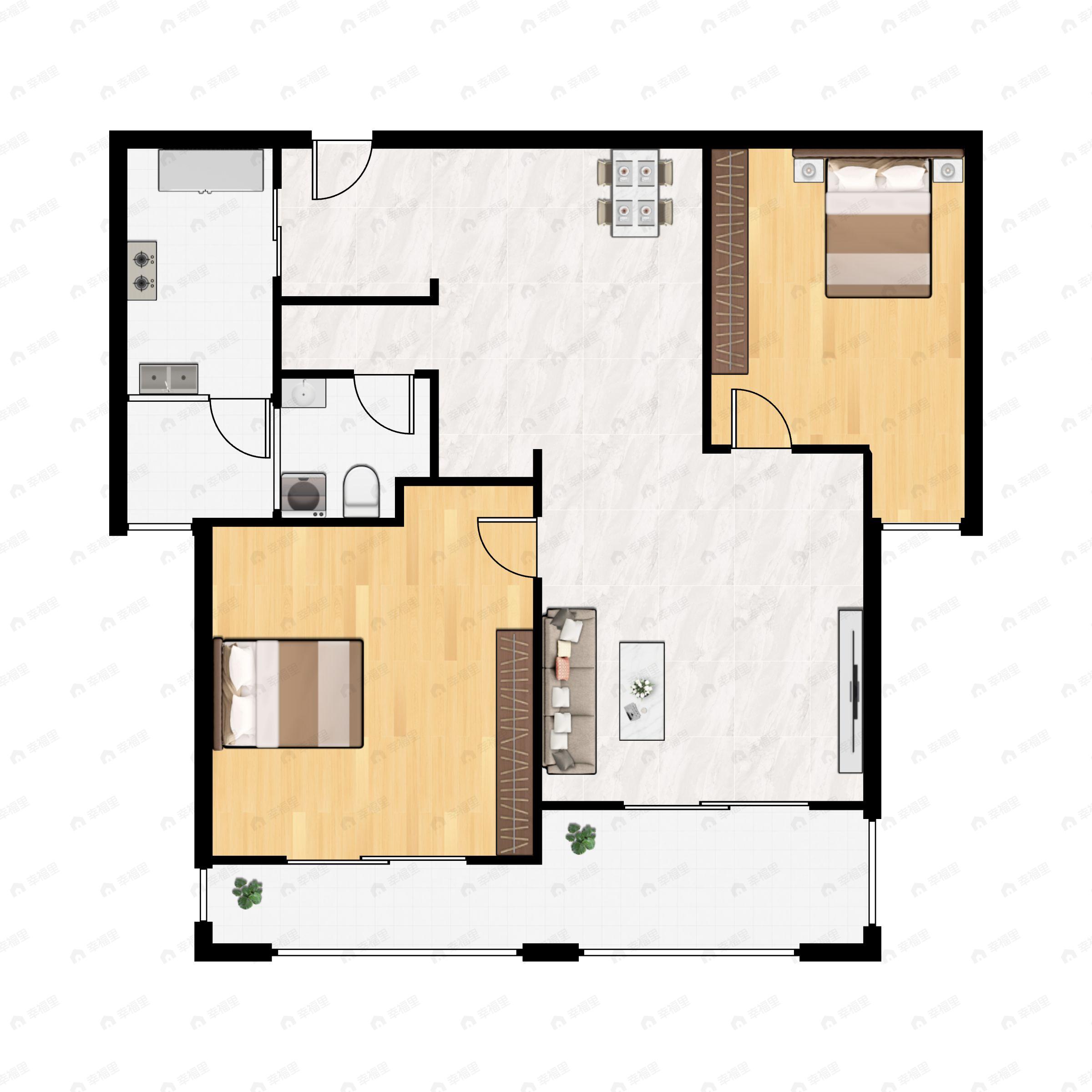 2室2厅1卫建面99m²南户型图