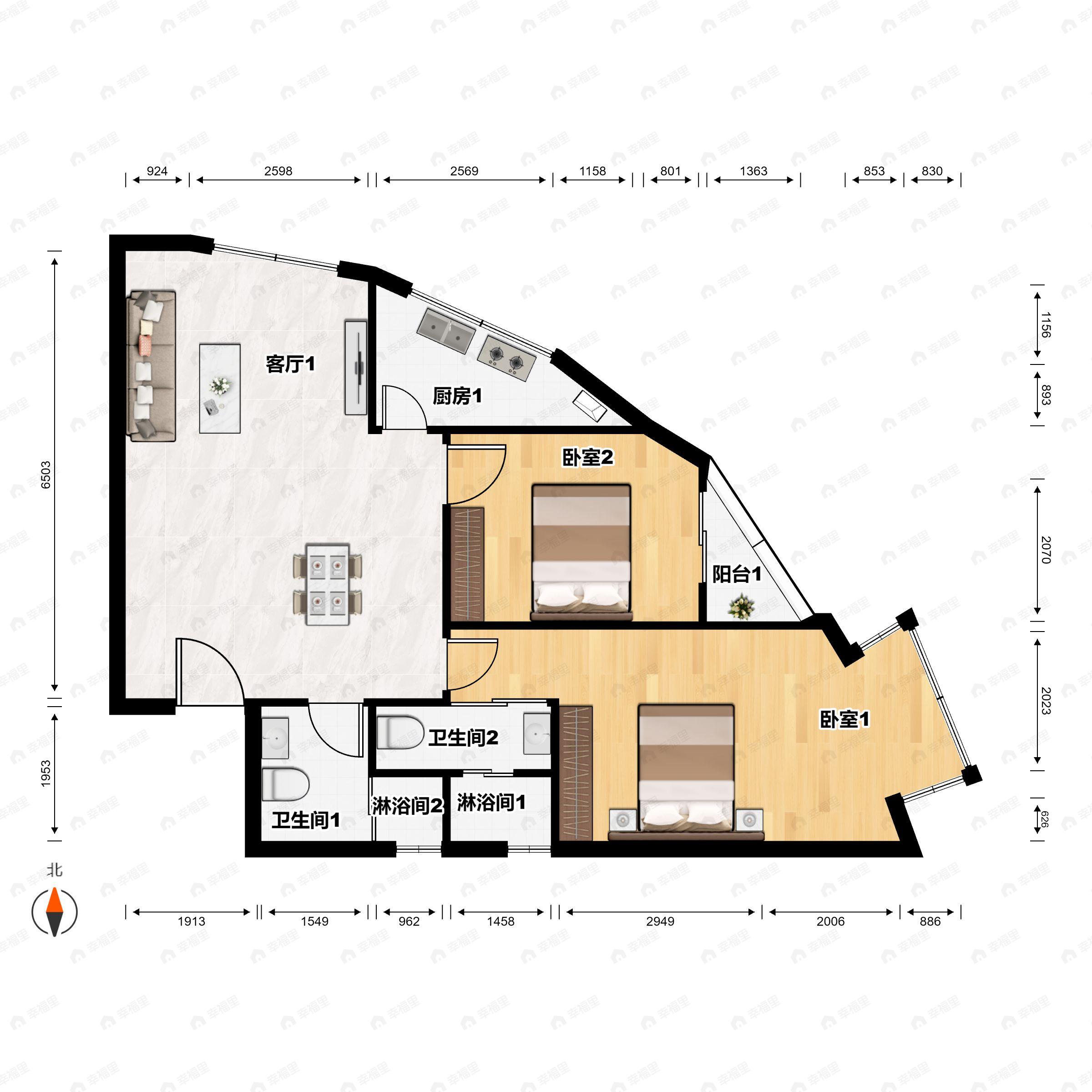 2室2厅2卫建面108m²北户型图