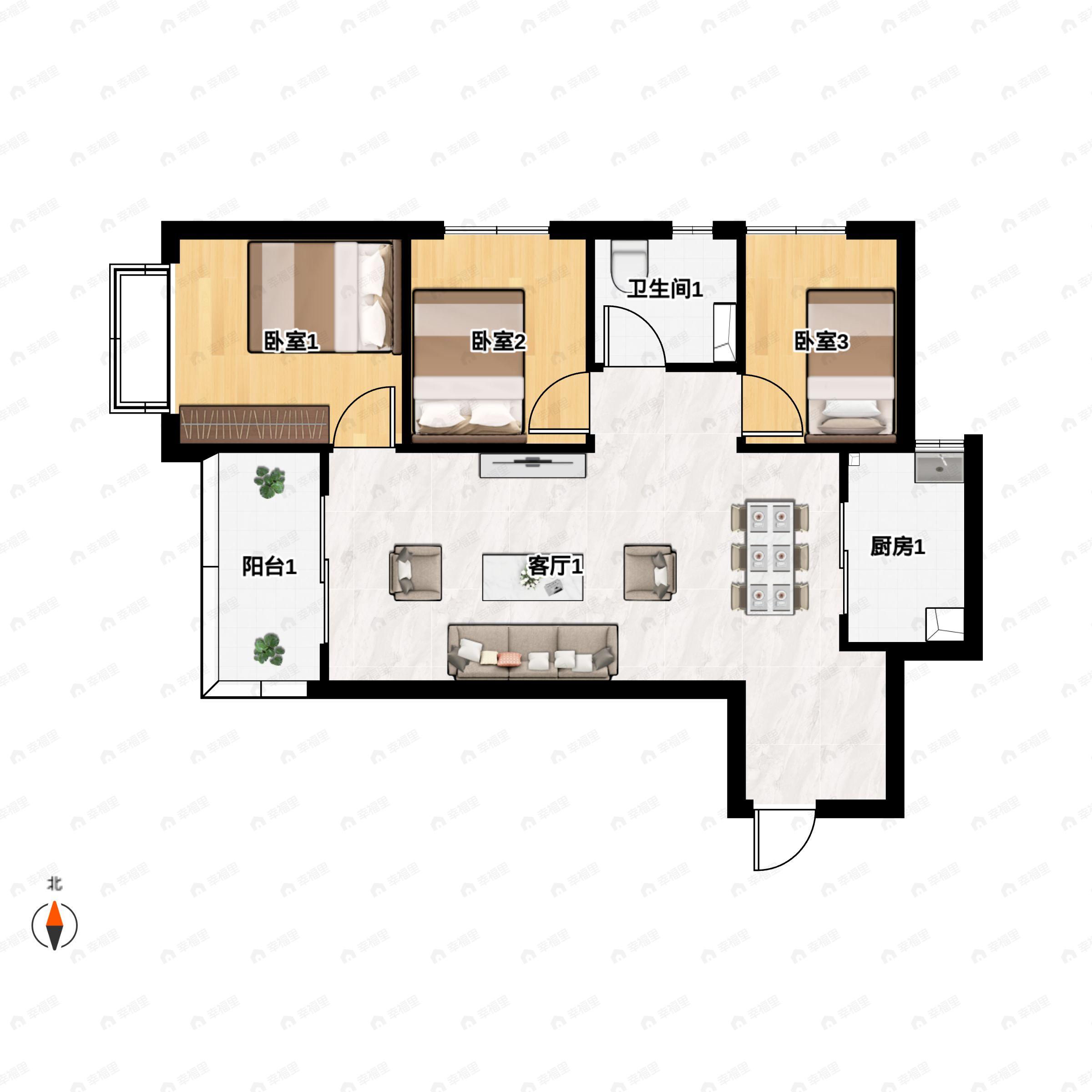 3室2厅1卫建面89m²北|西户型图