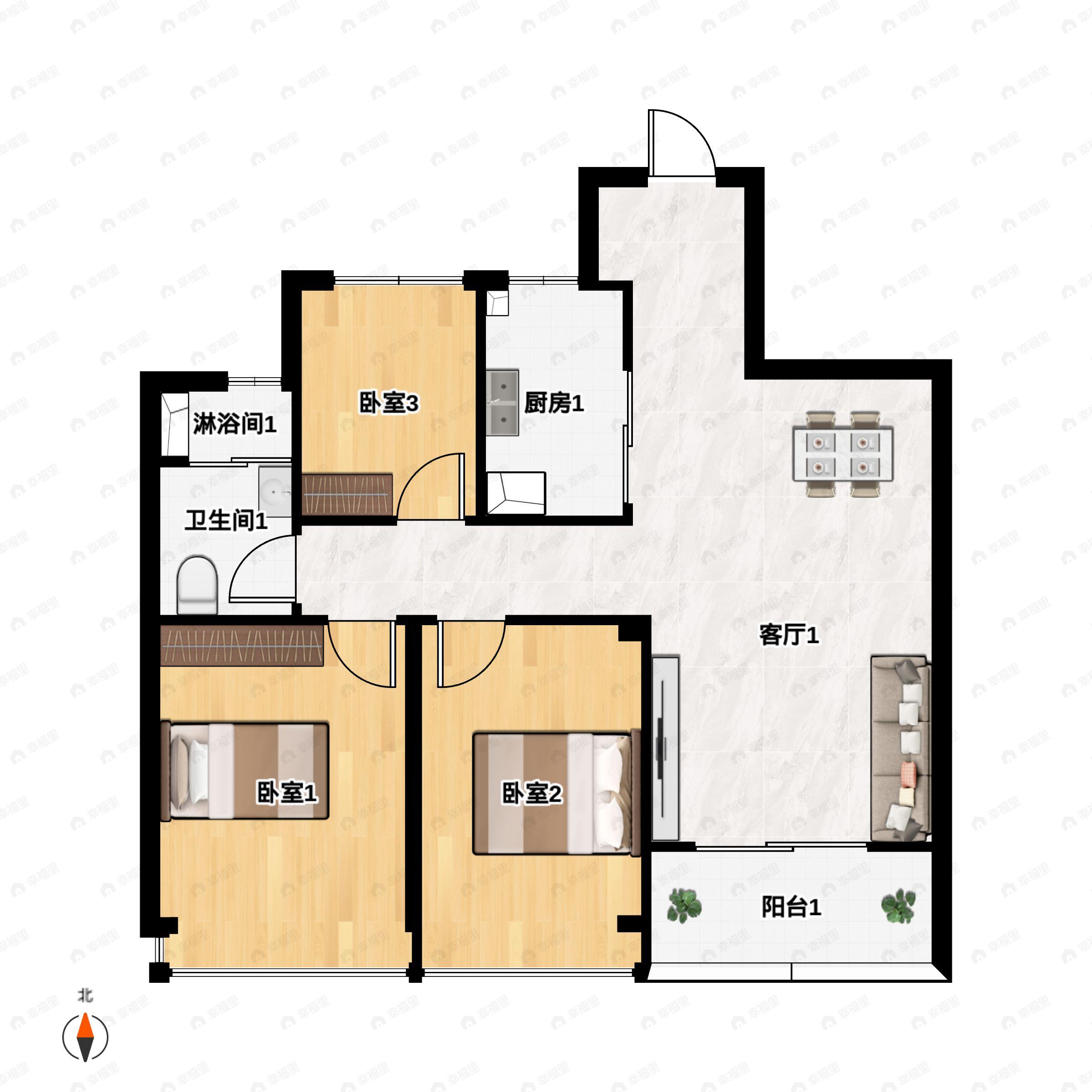 3室2厅1卫建面89平东南户型图