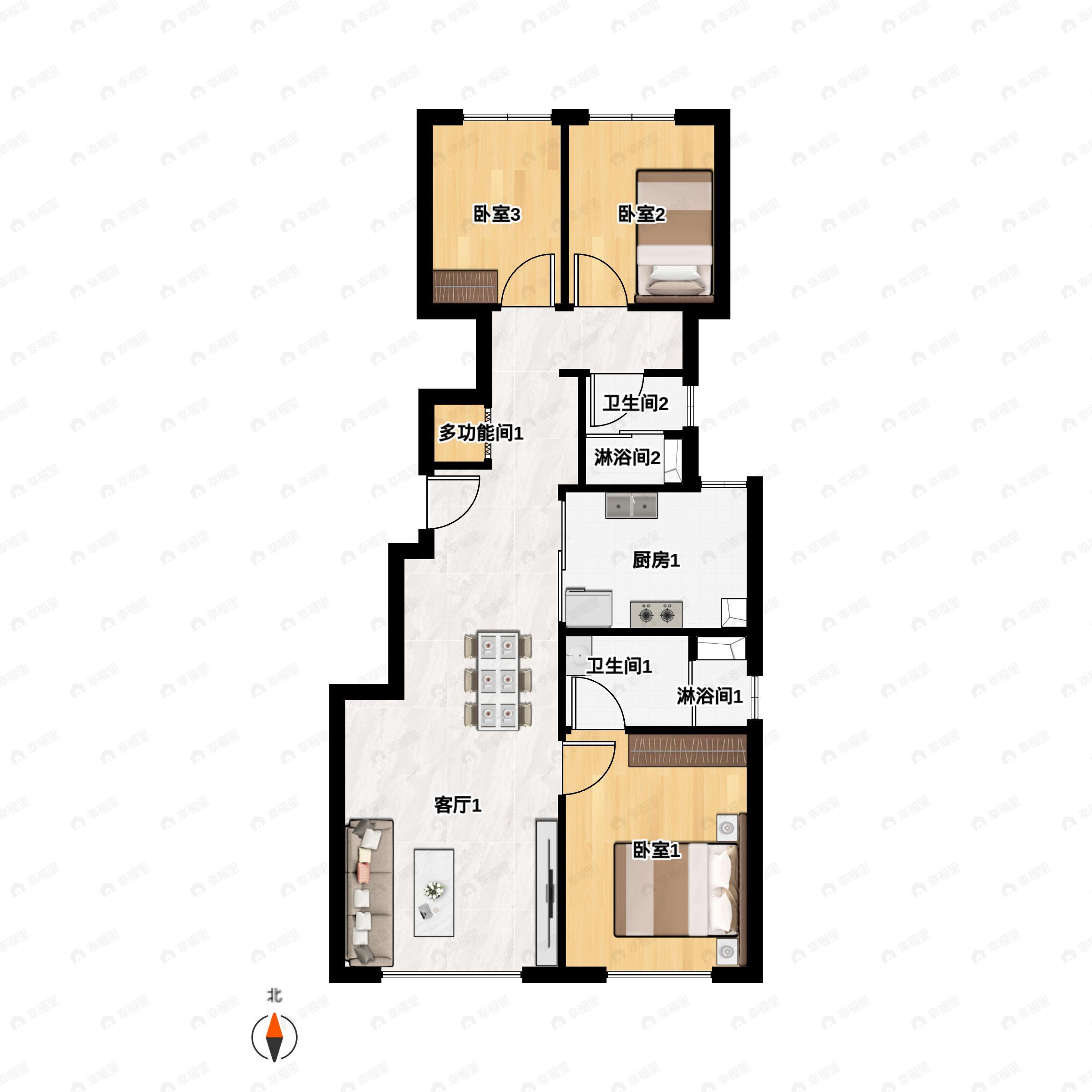 3室2厅2卫建面104平南|北户型图