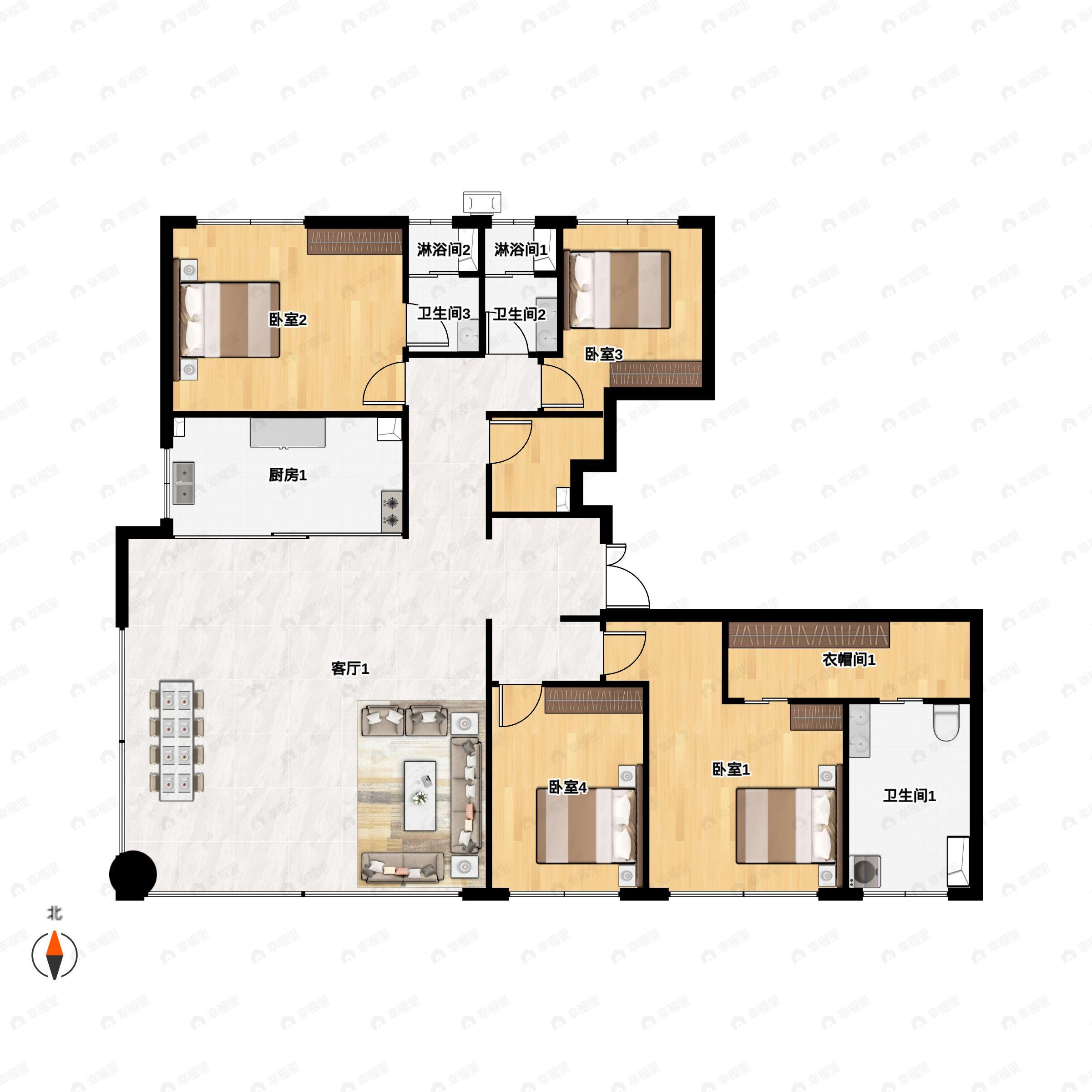 4室2厅3卫建面216平南户型图